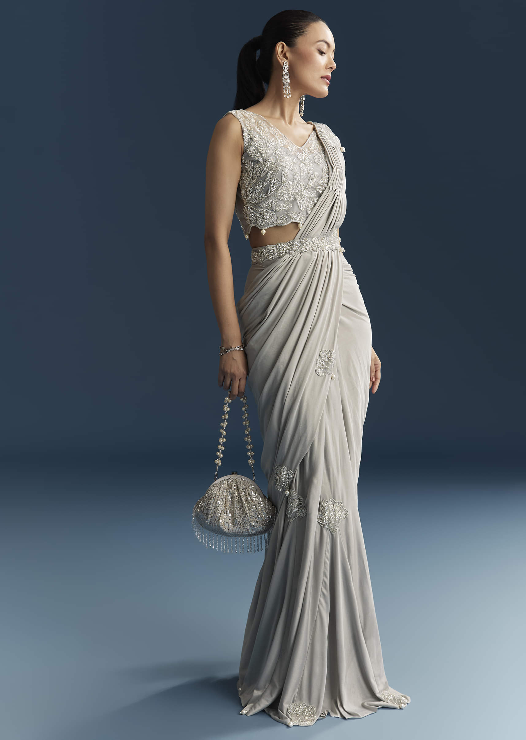 Grey Ready Pleated Saree With Cutdana And Sequins Work - Image 3