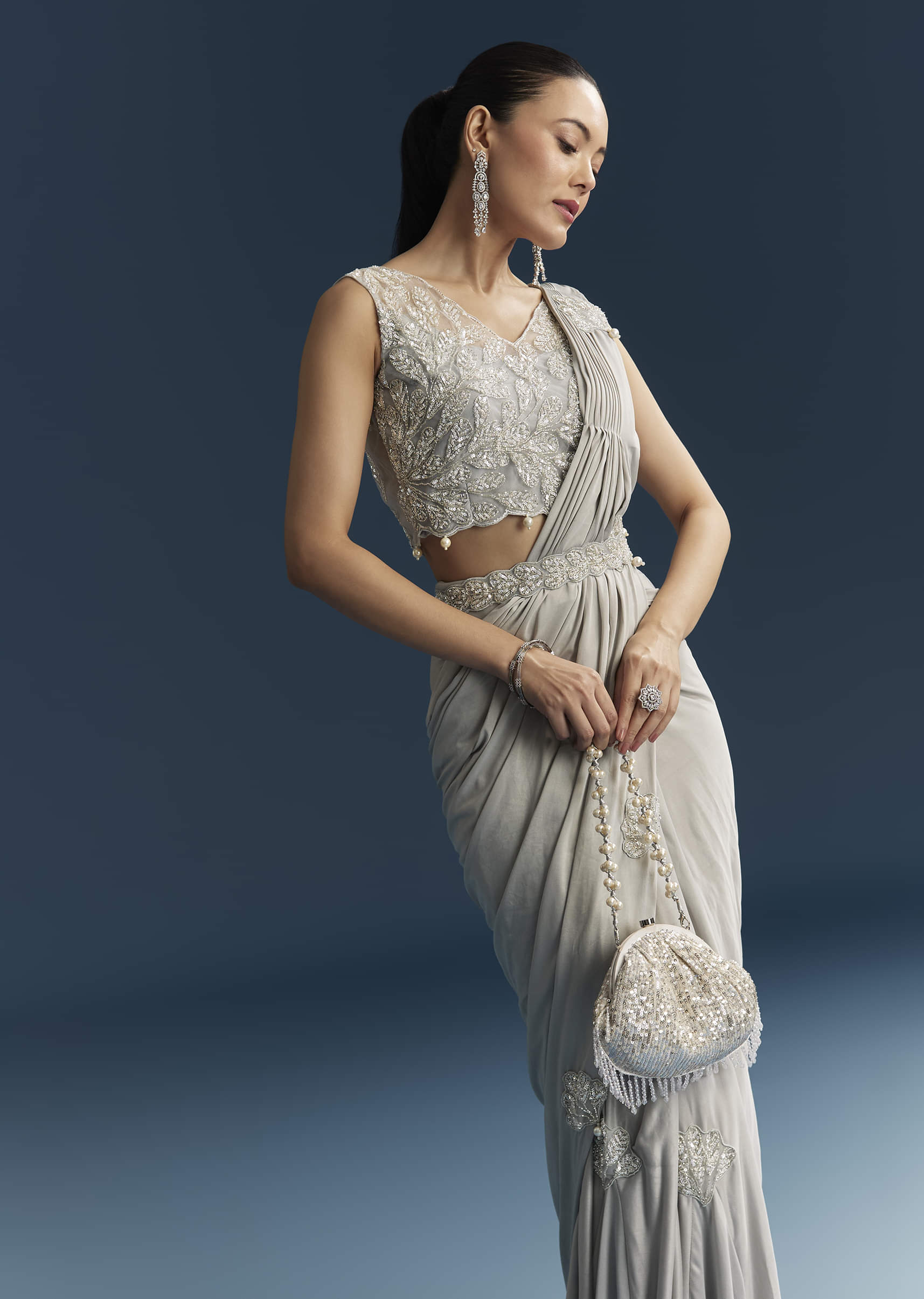 Grey Ready Pleated Saree With Cutdana And Sequins Work - Image 4