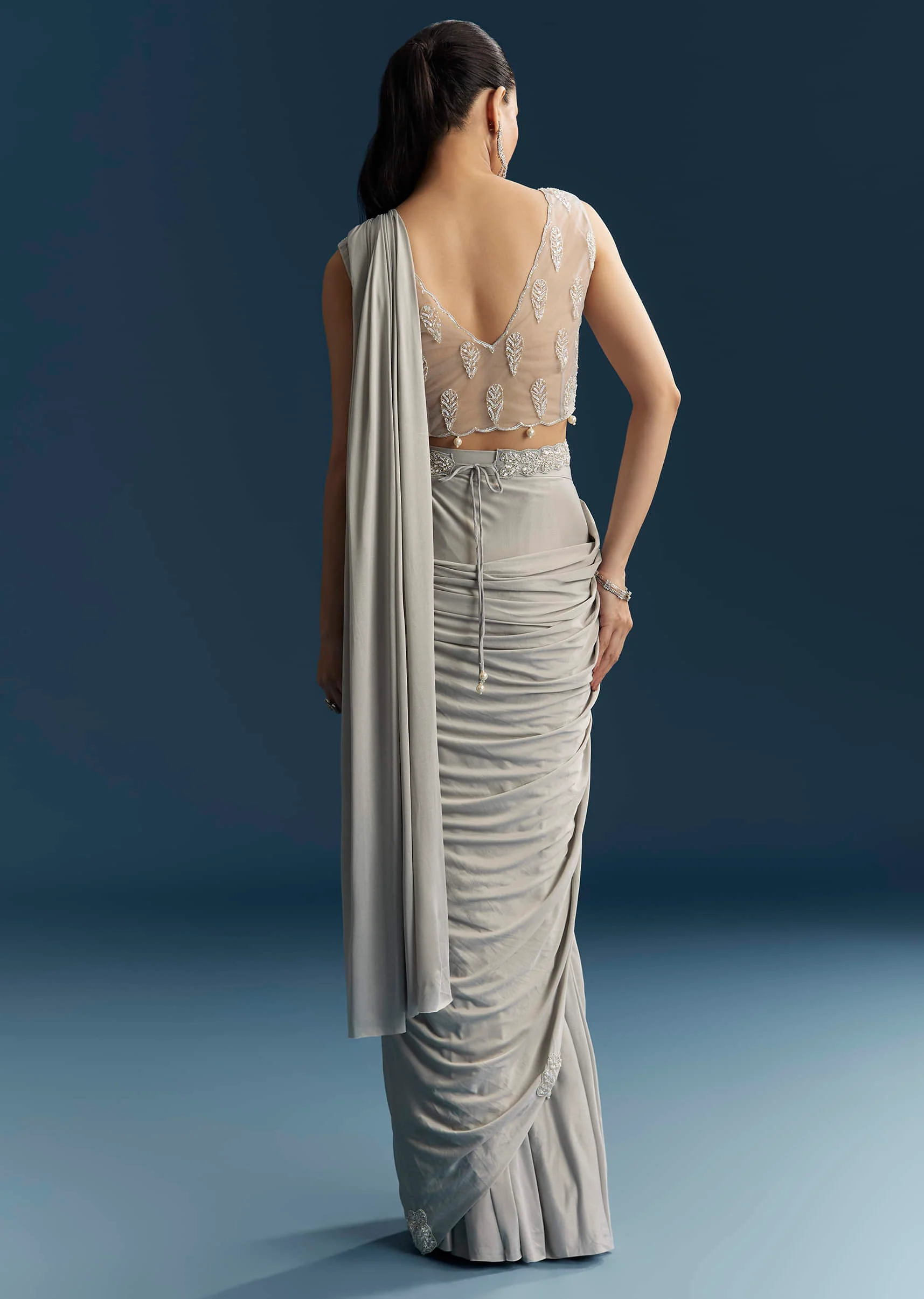 Grey Ready Pleated Saree With Cutdana And Sequins Work - Image 5