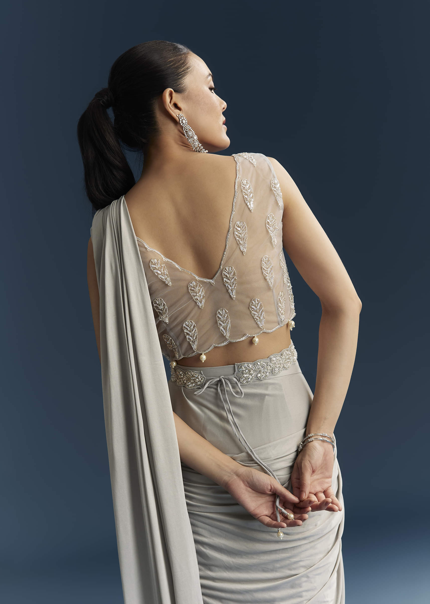 Grey Ready Pleated Saree With Cutdana And Sequins Work - Image 6