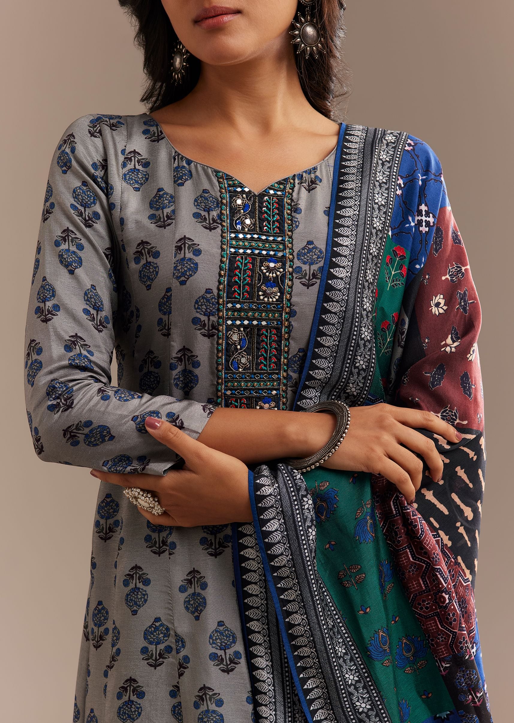 Grey Roman Silk Printed Anarkali Set - Image 2