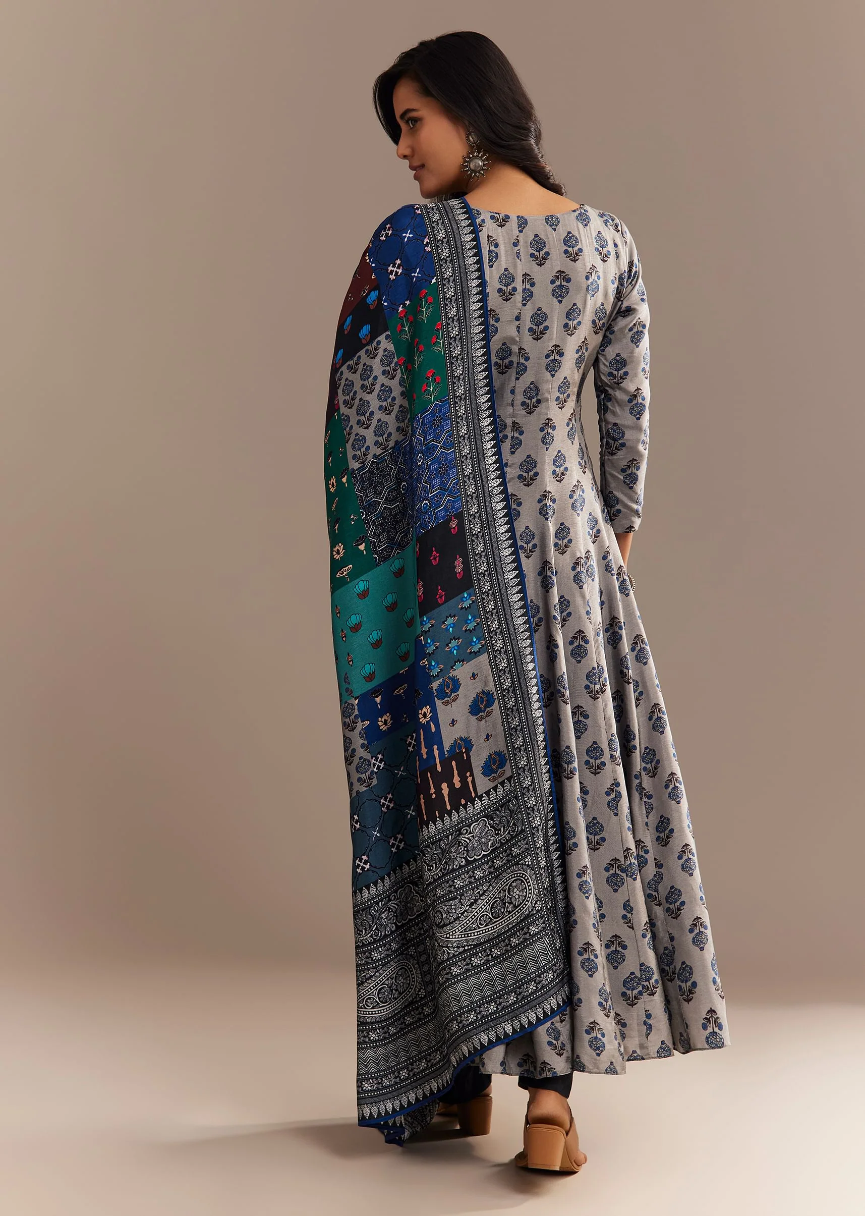 Grey Roman Silk Printed Anarkali Set - Image 5
