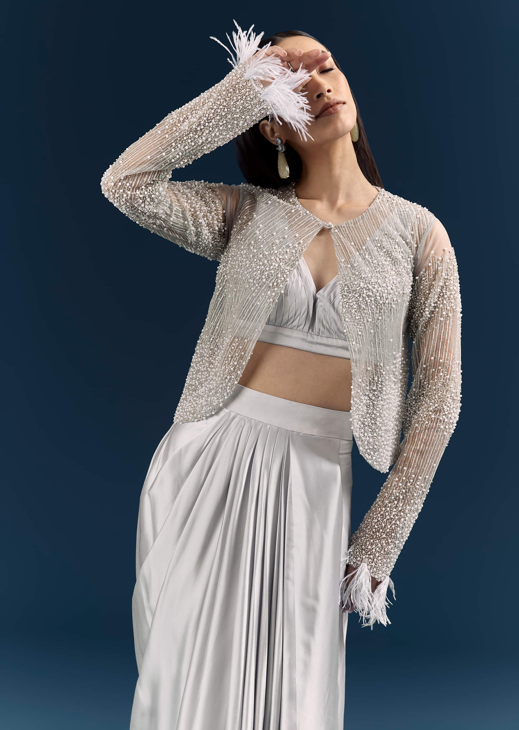 Grey Satin Crop Top And Drape Skirt With Embellishments - Image 4