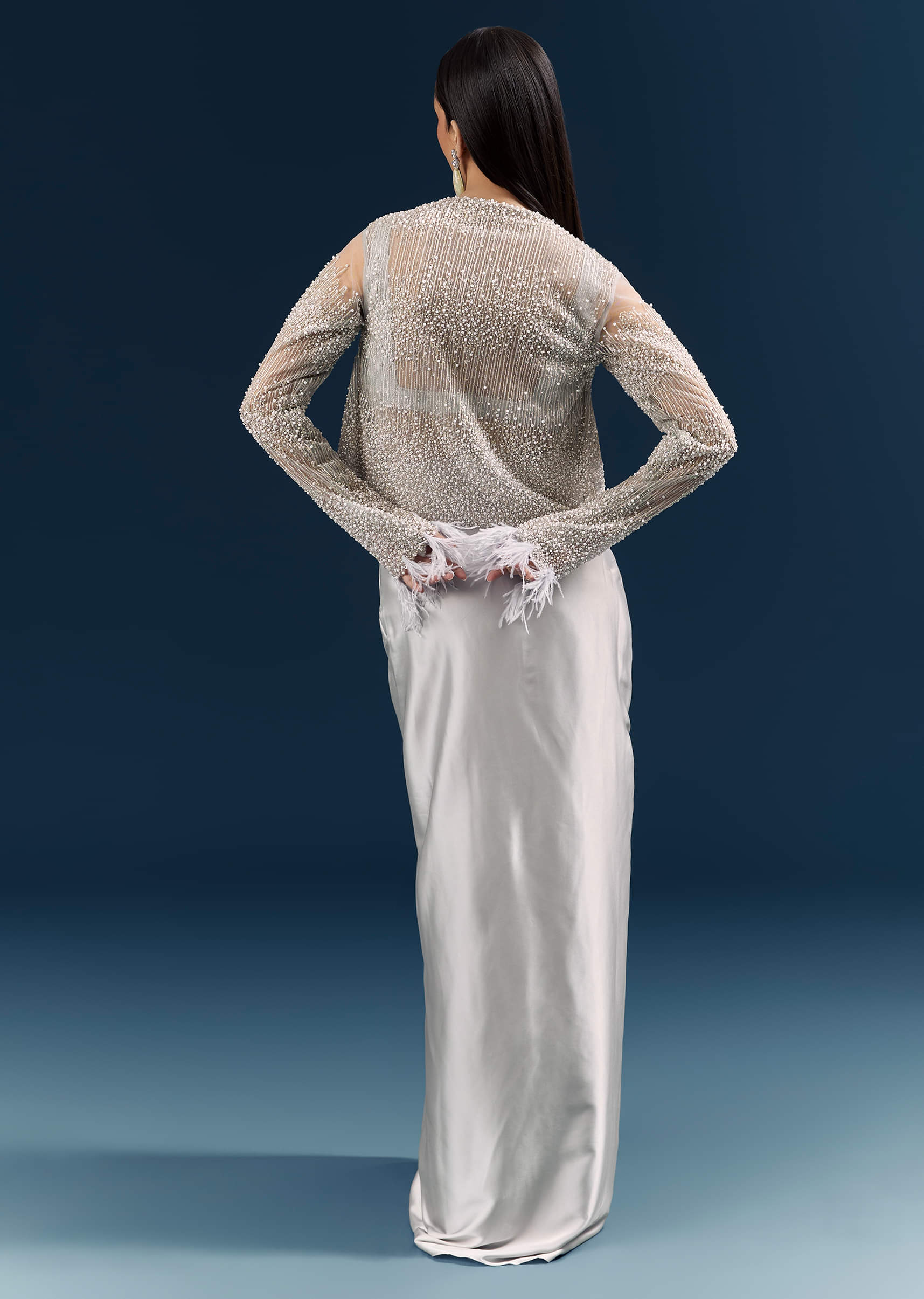Grey Satin Crop Top And Drape Skirt With Embellishments - Image 6
