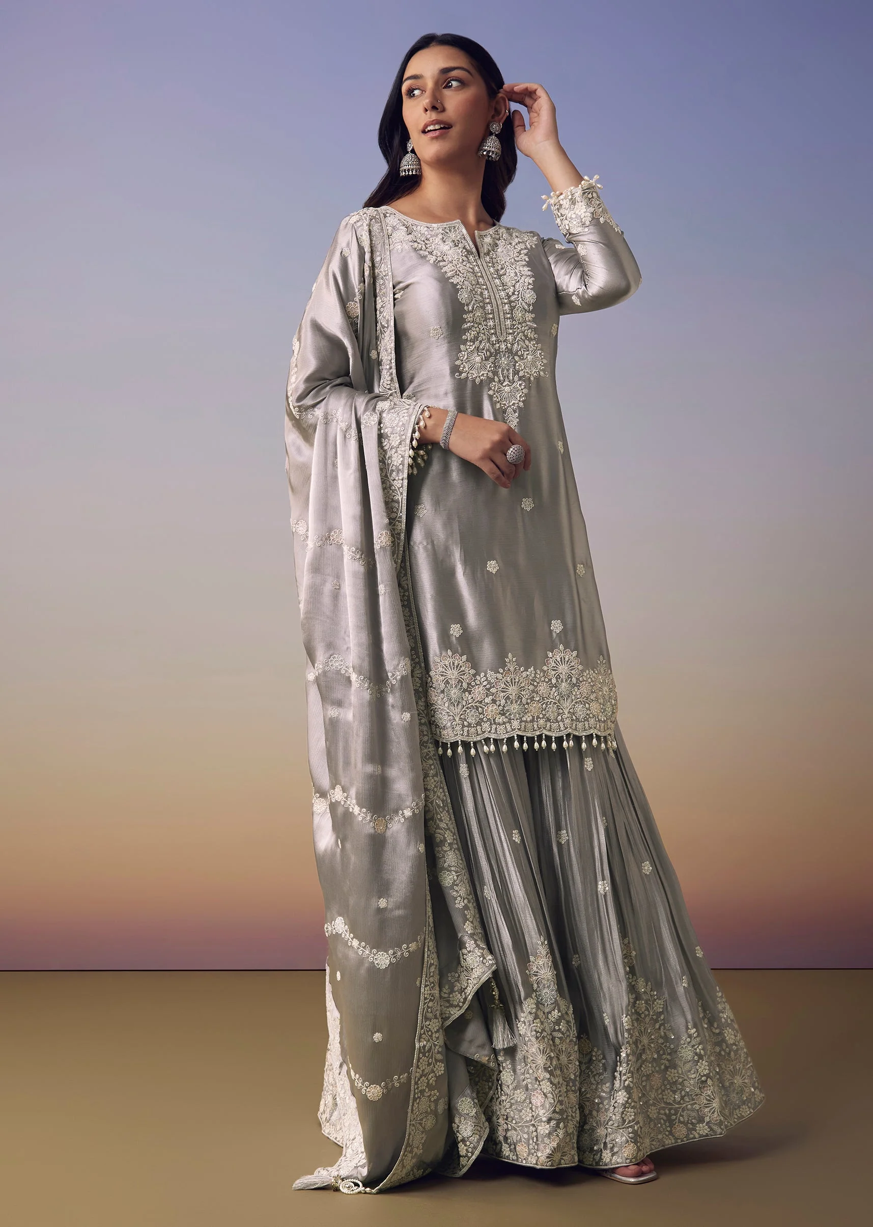 Grey Satin Embroidered Kurta and Palazzo Set - Image 3