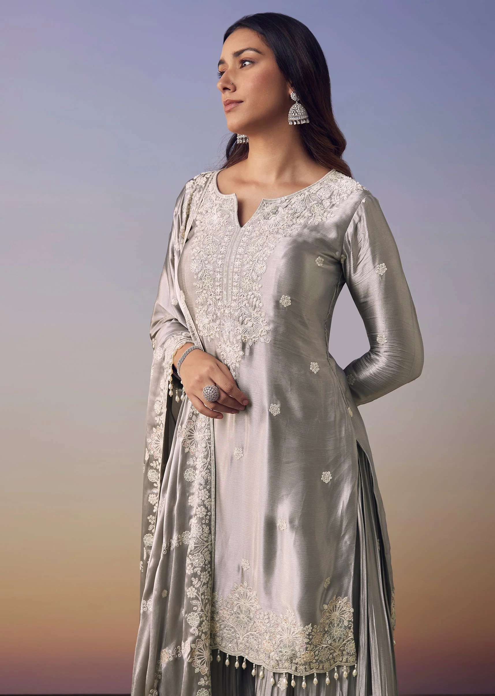 Grey Satin Embroidered Kurta and Palazzo Set - Image 4