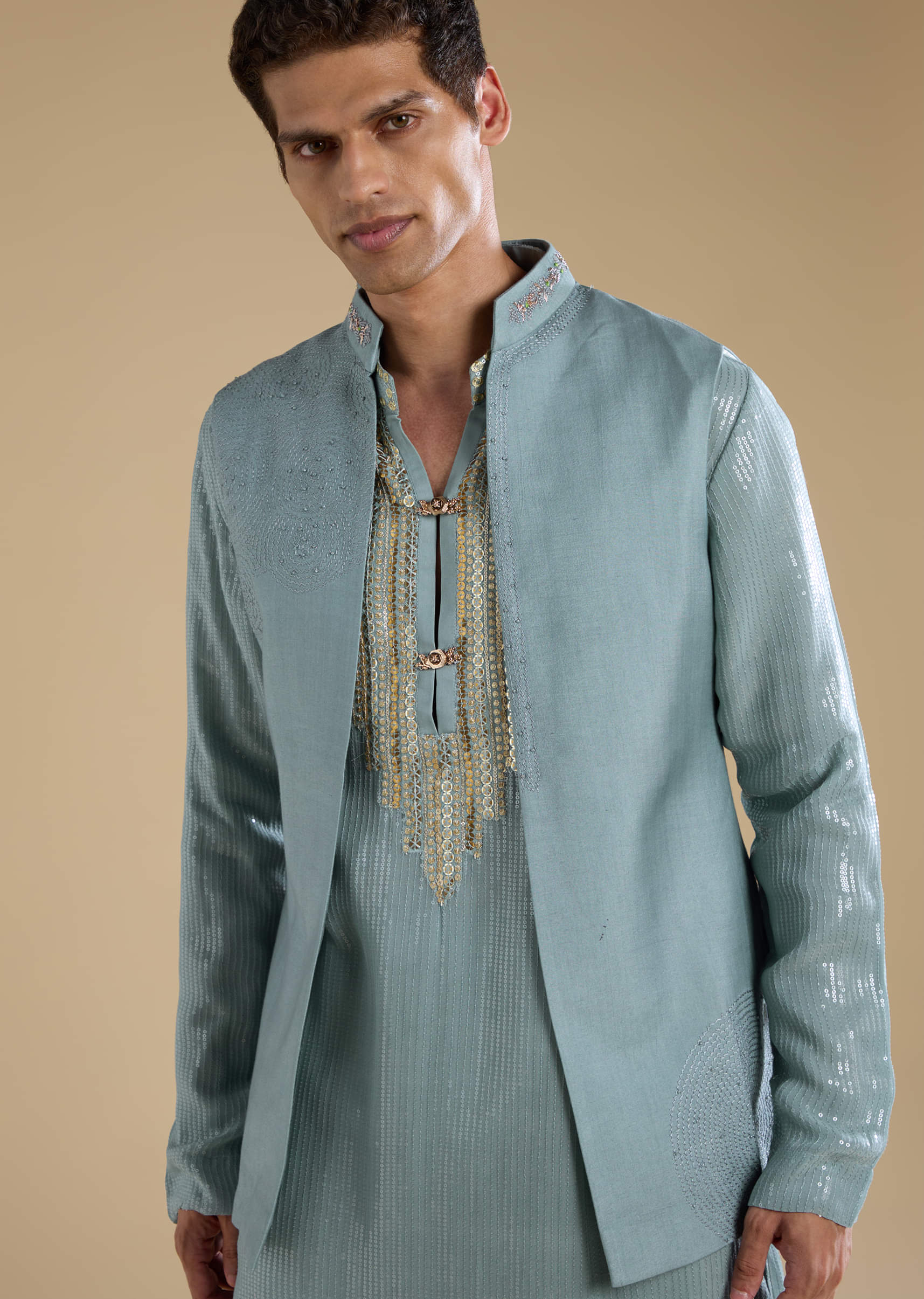 Grey Sequin Embellished Kurta and Jacket Set - Image 2