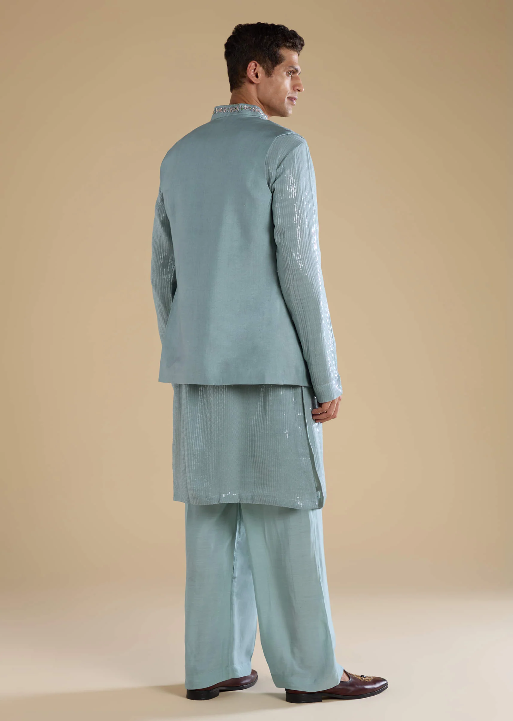 Grey Sequin Embellished Kurta and Jacket Set - Image 5