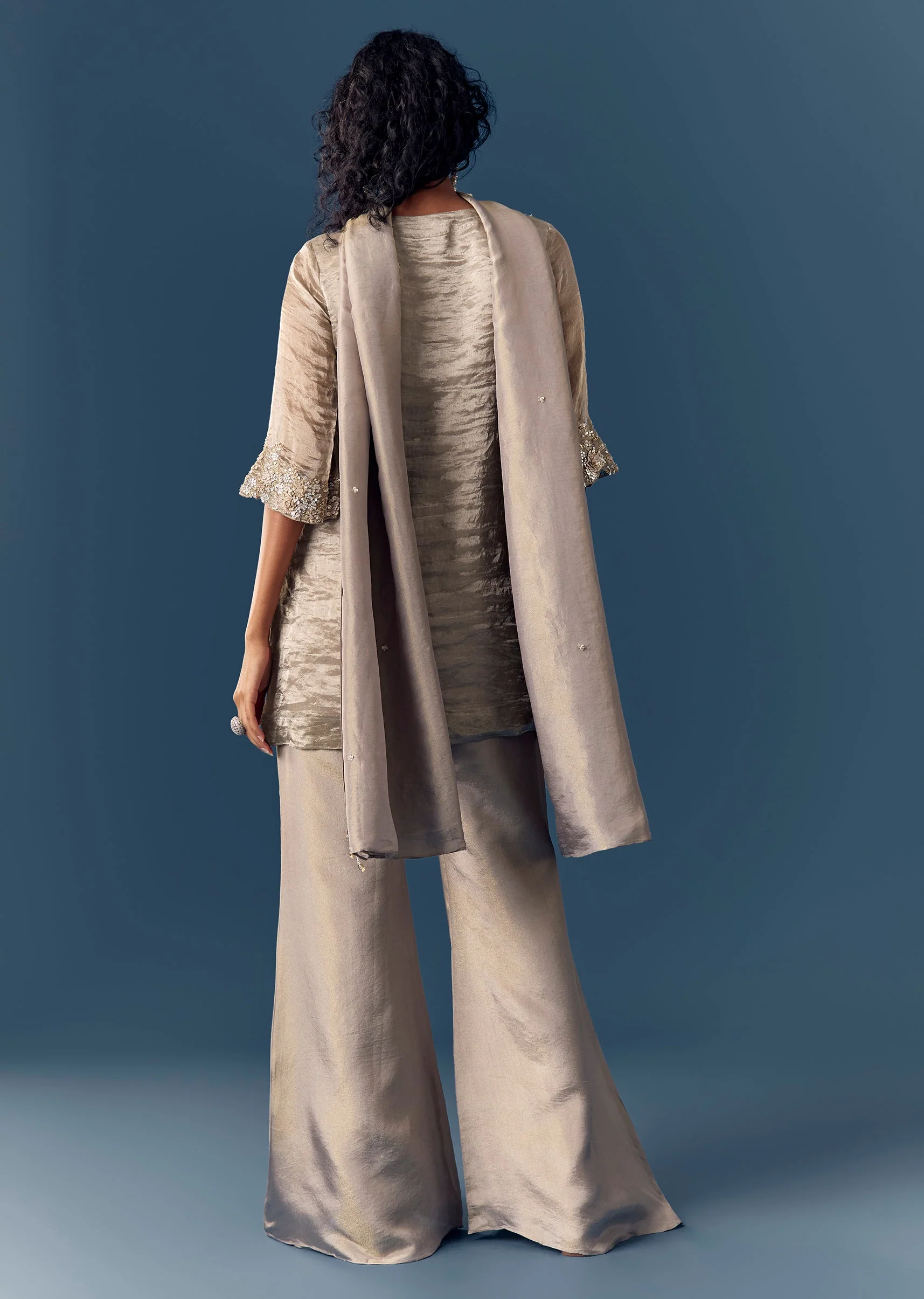 Grey Sequinned Tissue Kurta Palazzo Set With Dupatta - Image 5