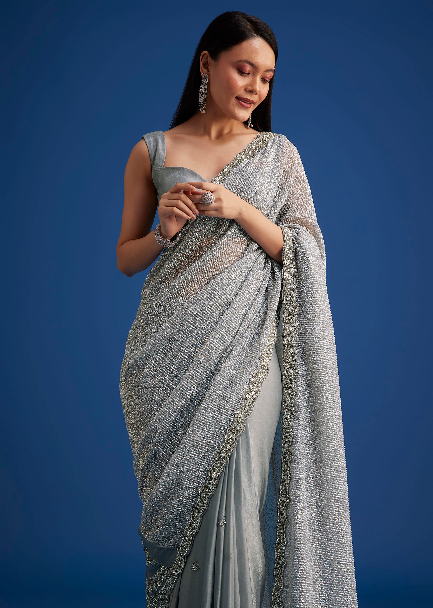 Grey Sequins Saree With Scalloped Embroidered Border - Image 2
