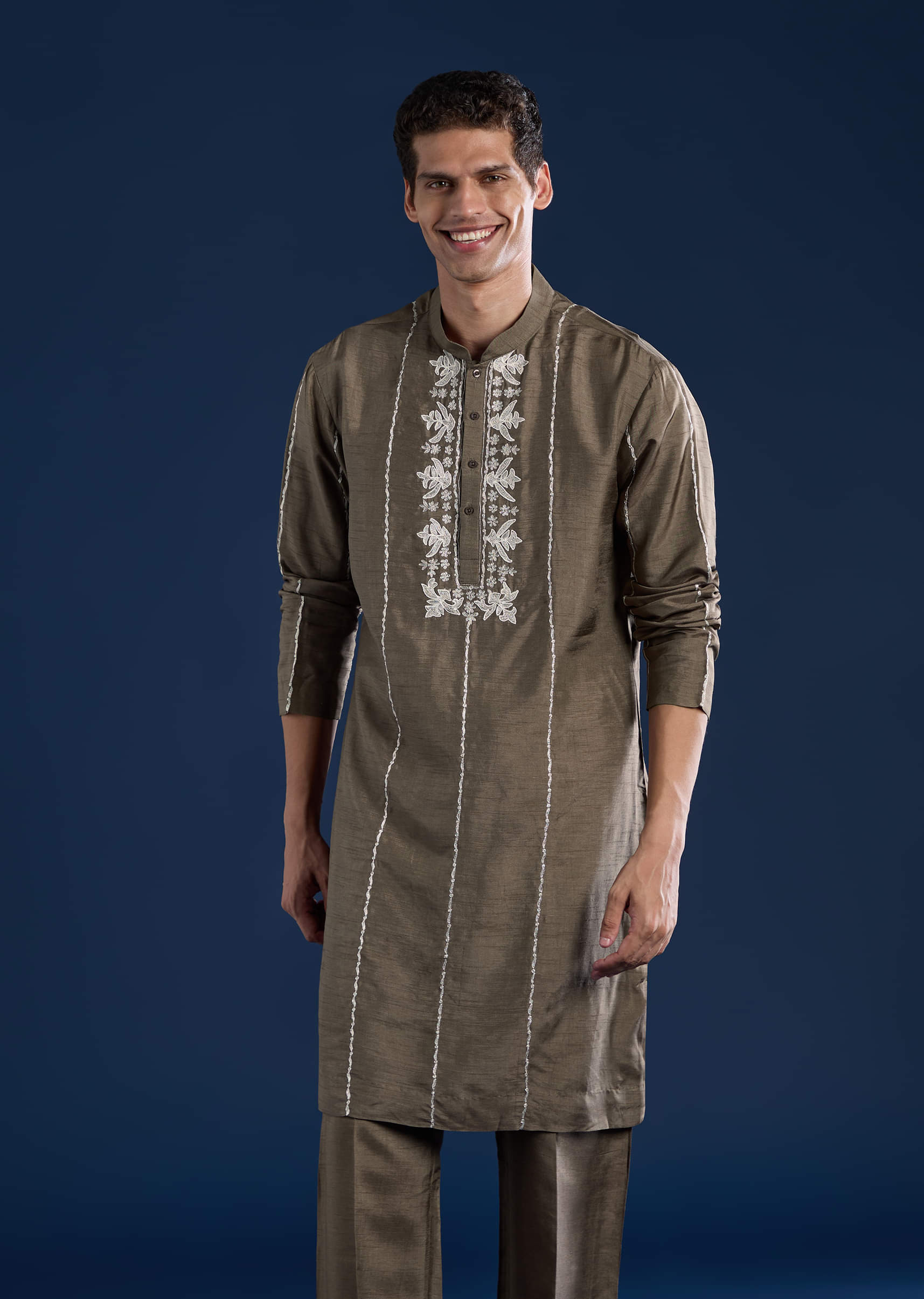 Grey Silk Jacket Kurta Set with Zari Work - Image 6