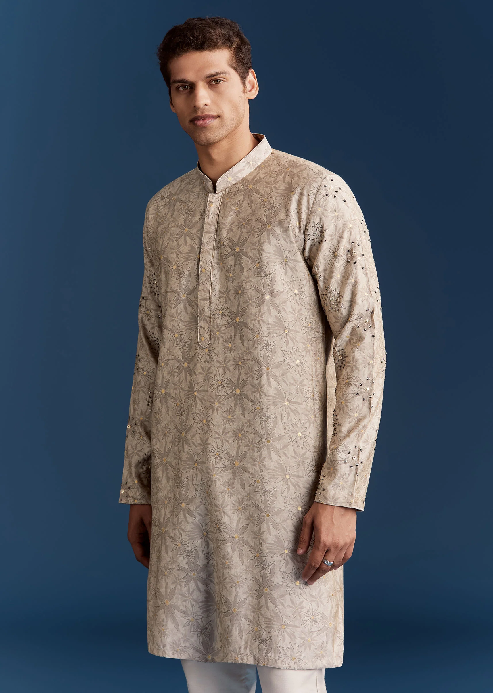 Grey Silk Kurta Jacket Set With Sequins And Moti Detailing - Image 6