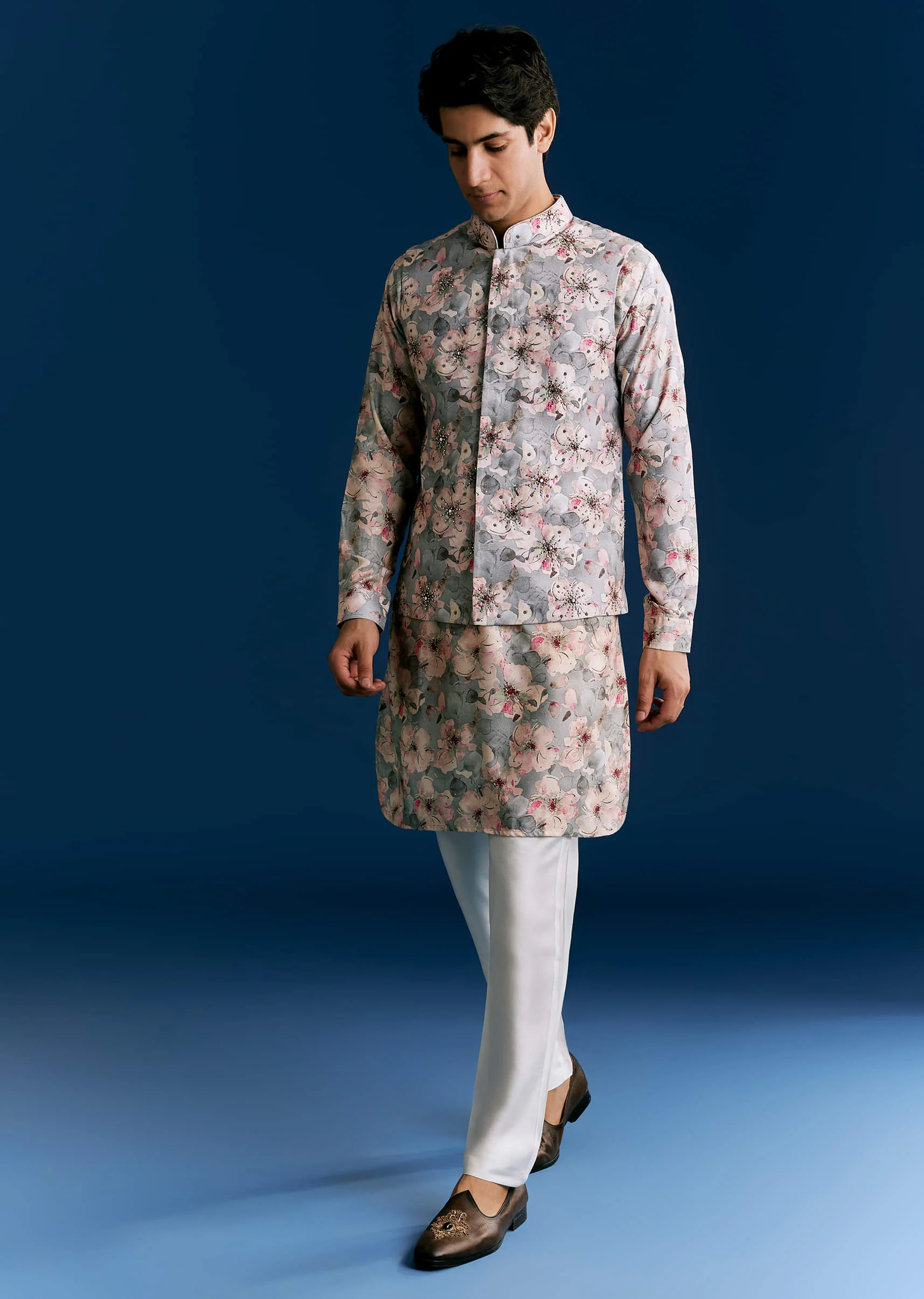 Grey Silk Kurta Jacket Set With Sequins And Thread Embroidery - Image 2