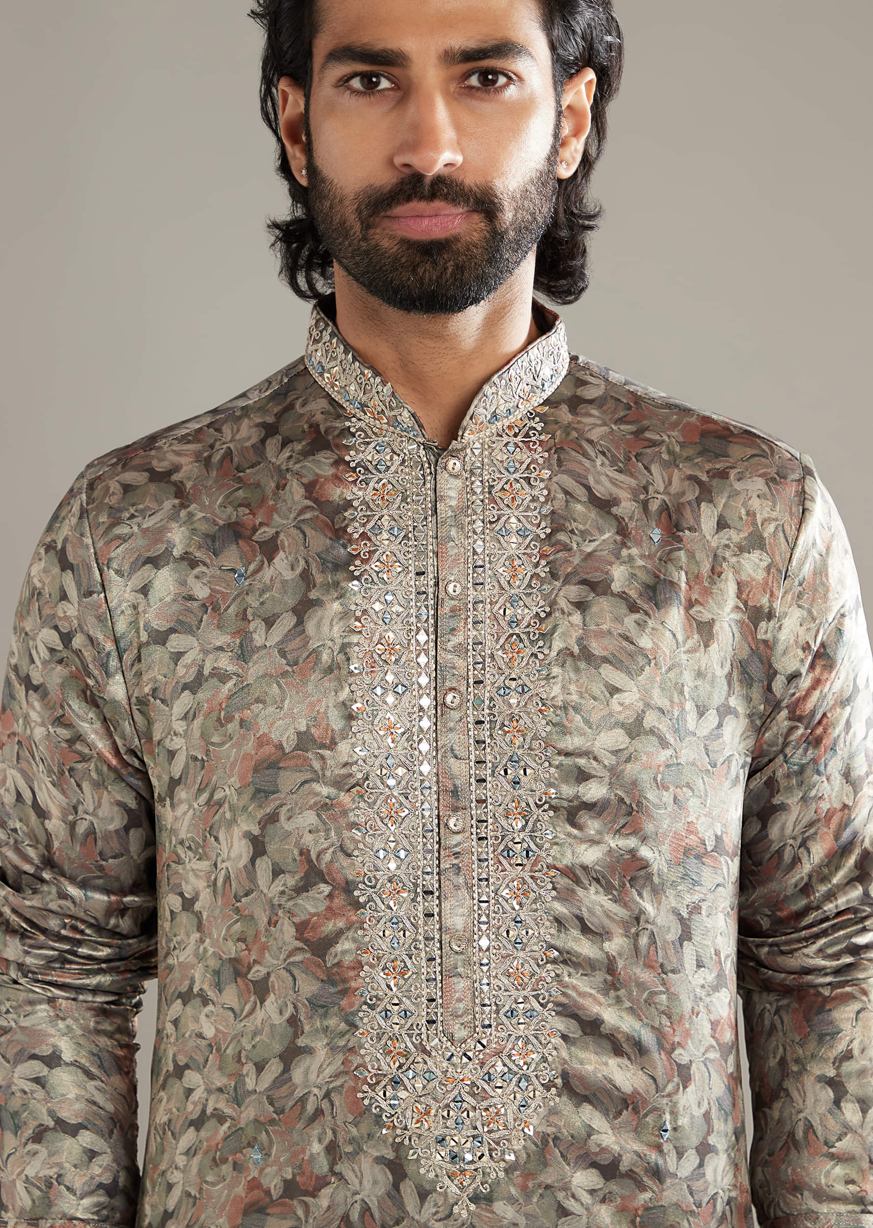 Grey Silk Kurta Set For Men With Hand Embroidery And Floral Print - Image 2