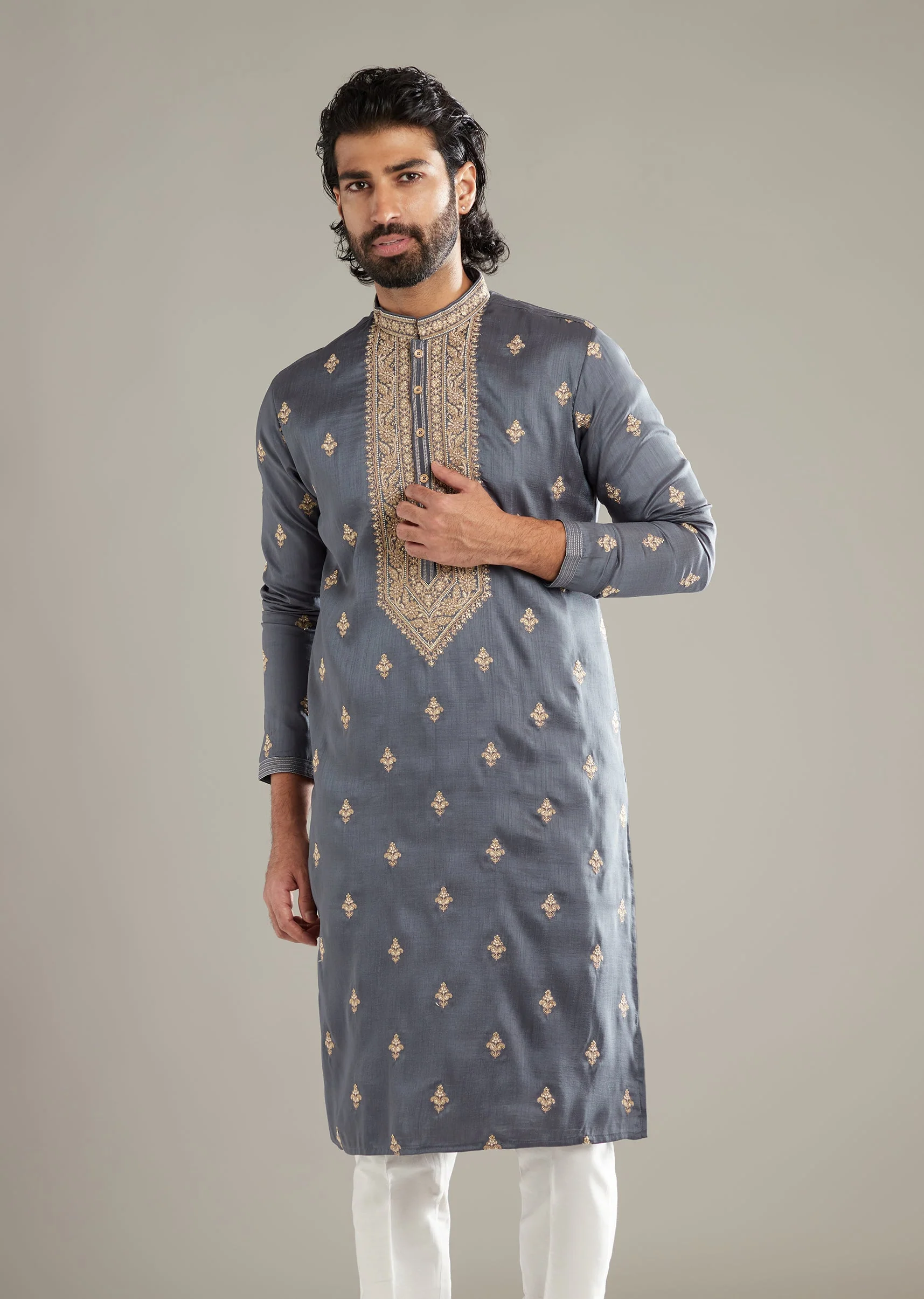 Grey Silk Kurta Set For Men With Resham Hand Embroidery - Image 4
