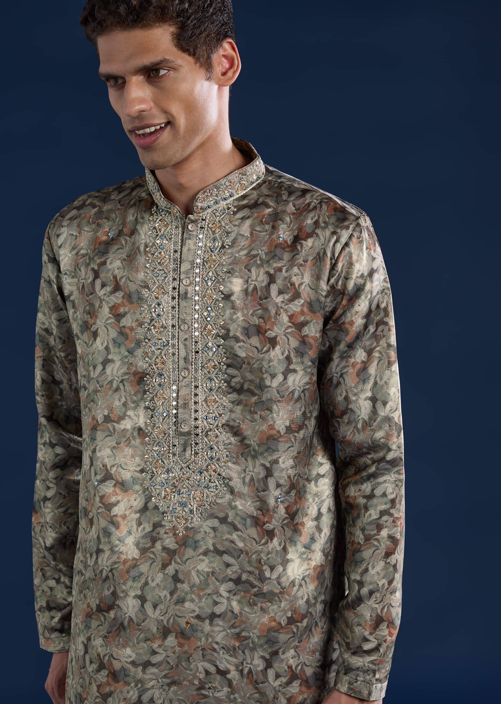Grey Silk Mirror Work Mens Kurta and Pant Set - Image 2