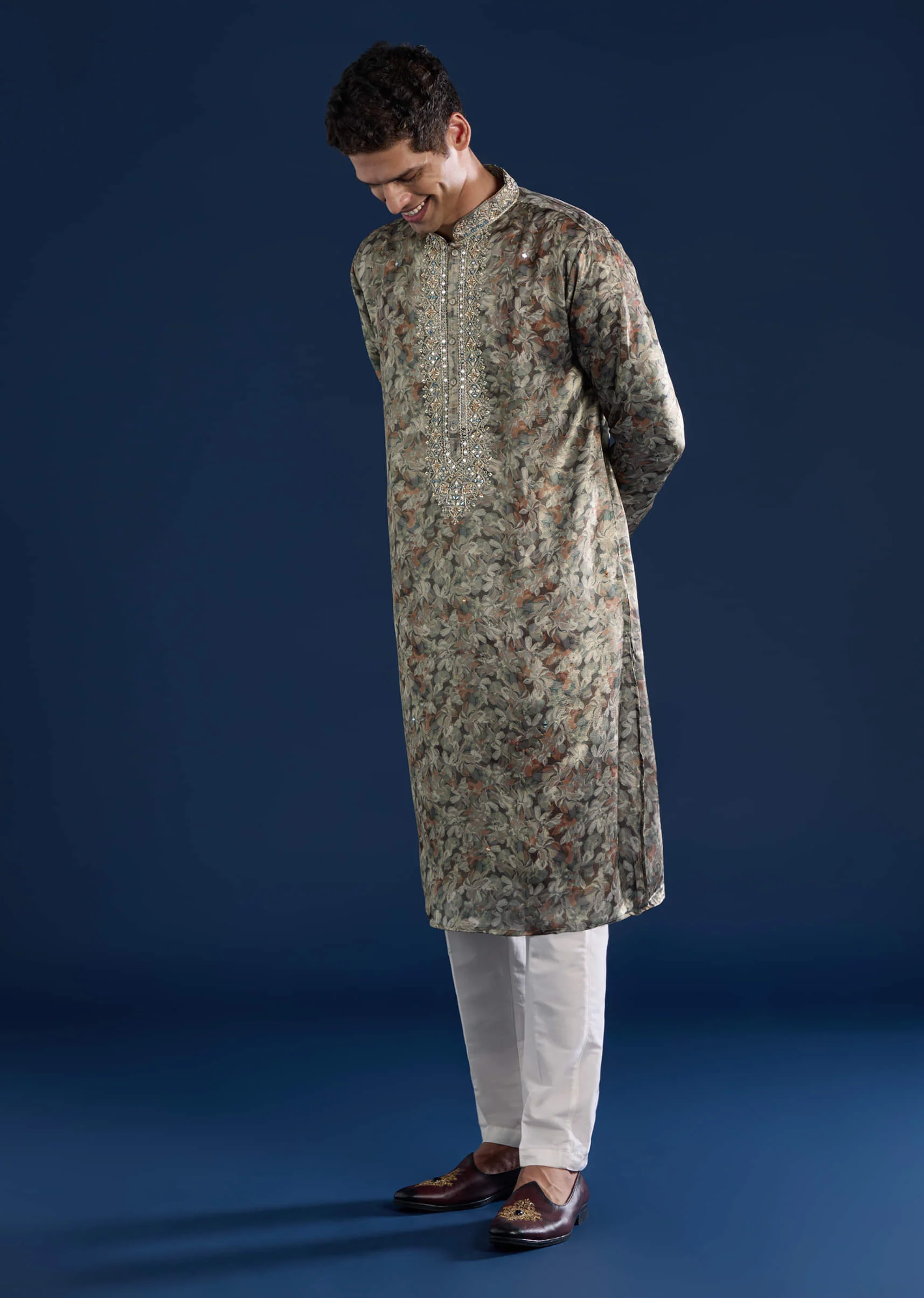 Grey Silk Mirror Work Mens Kurta and Pant Set - Image 3