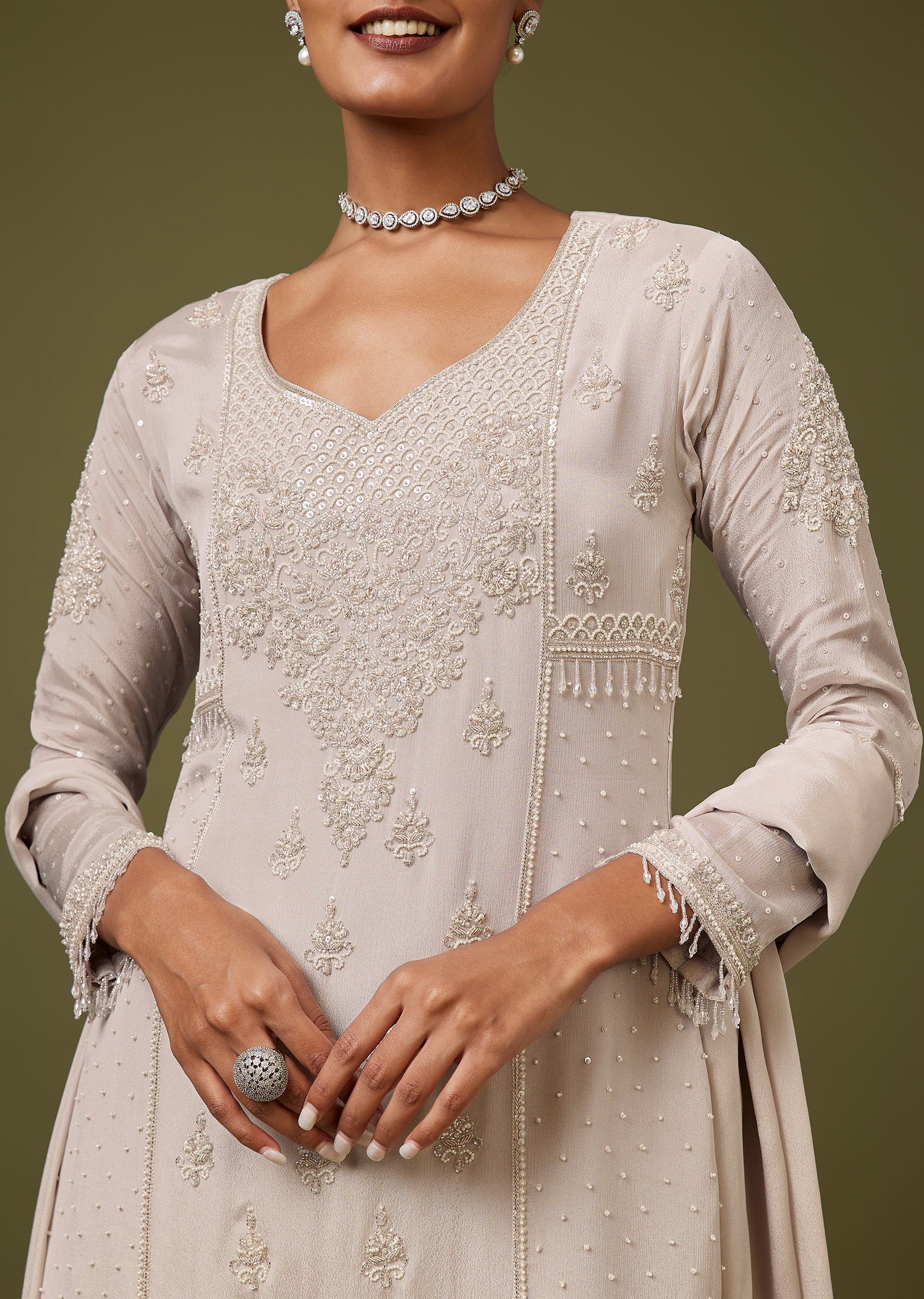 Grey Sweetheart Neck Sharara Suit With Cut Dana And Moti Work - Image 2
