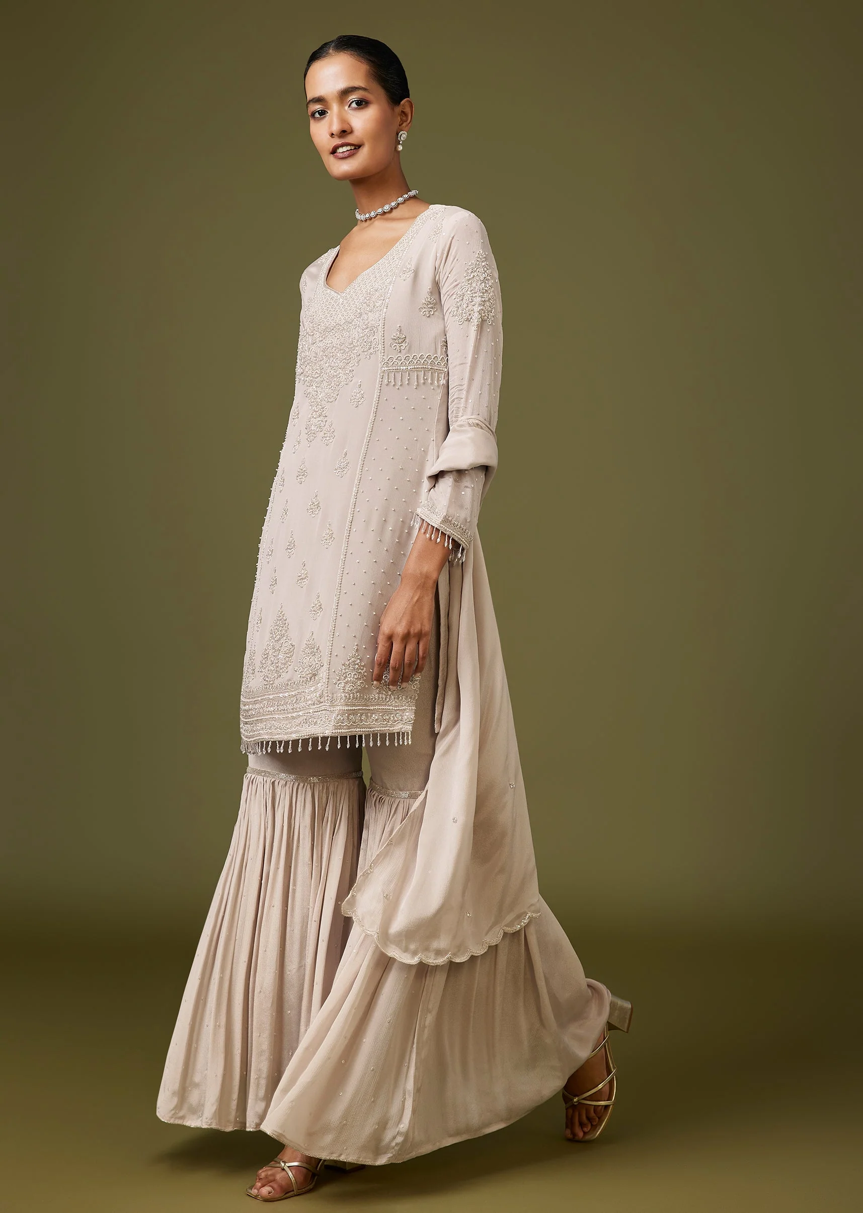 Grey Sweetheart Neck Sharara Suit With Cut Dana And Moti Work - Image 3