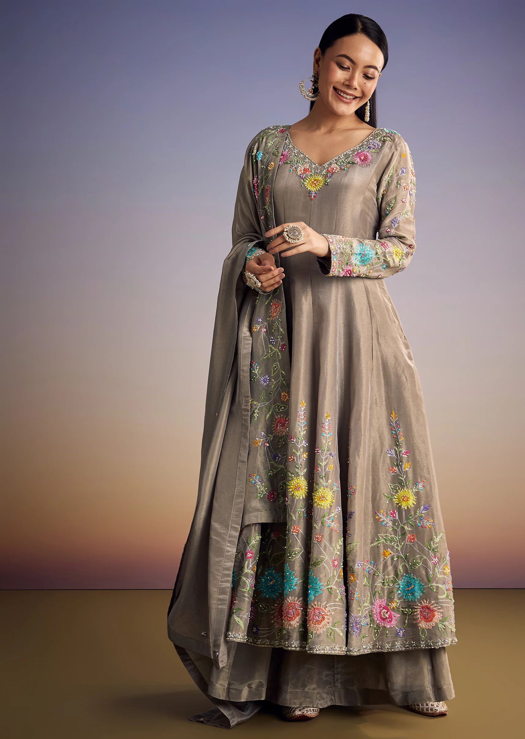 Grey Tissue Anarkali Set With Resham And Moti Work - Image 2