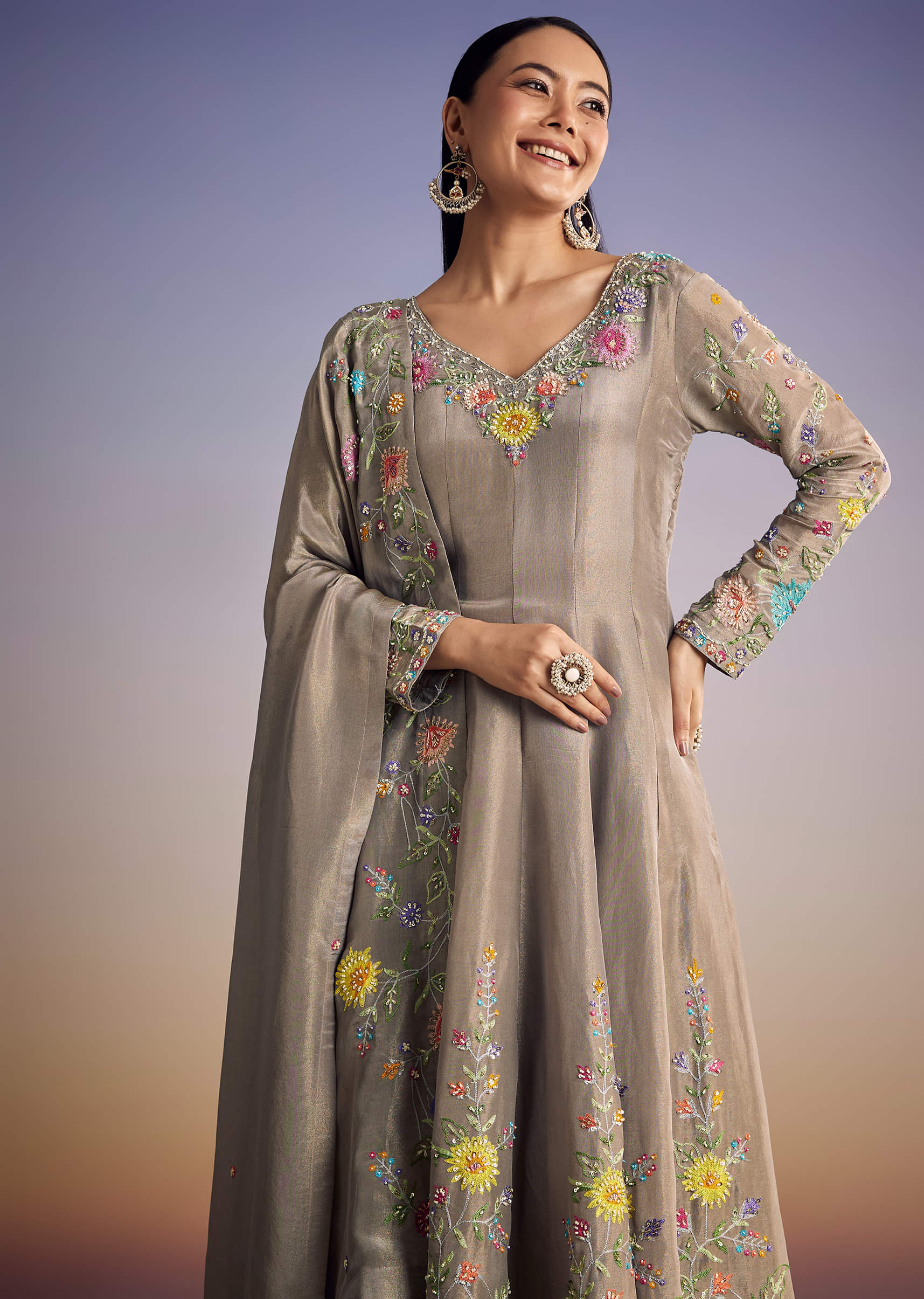 Grey Tissue Anarkali Set With Resham And Moti Work - Image 3