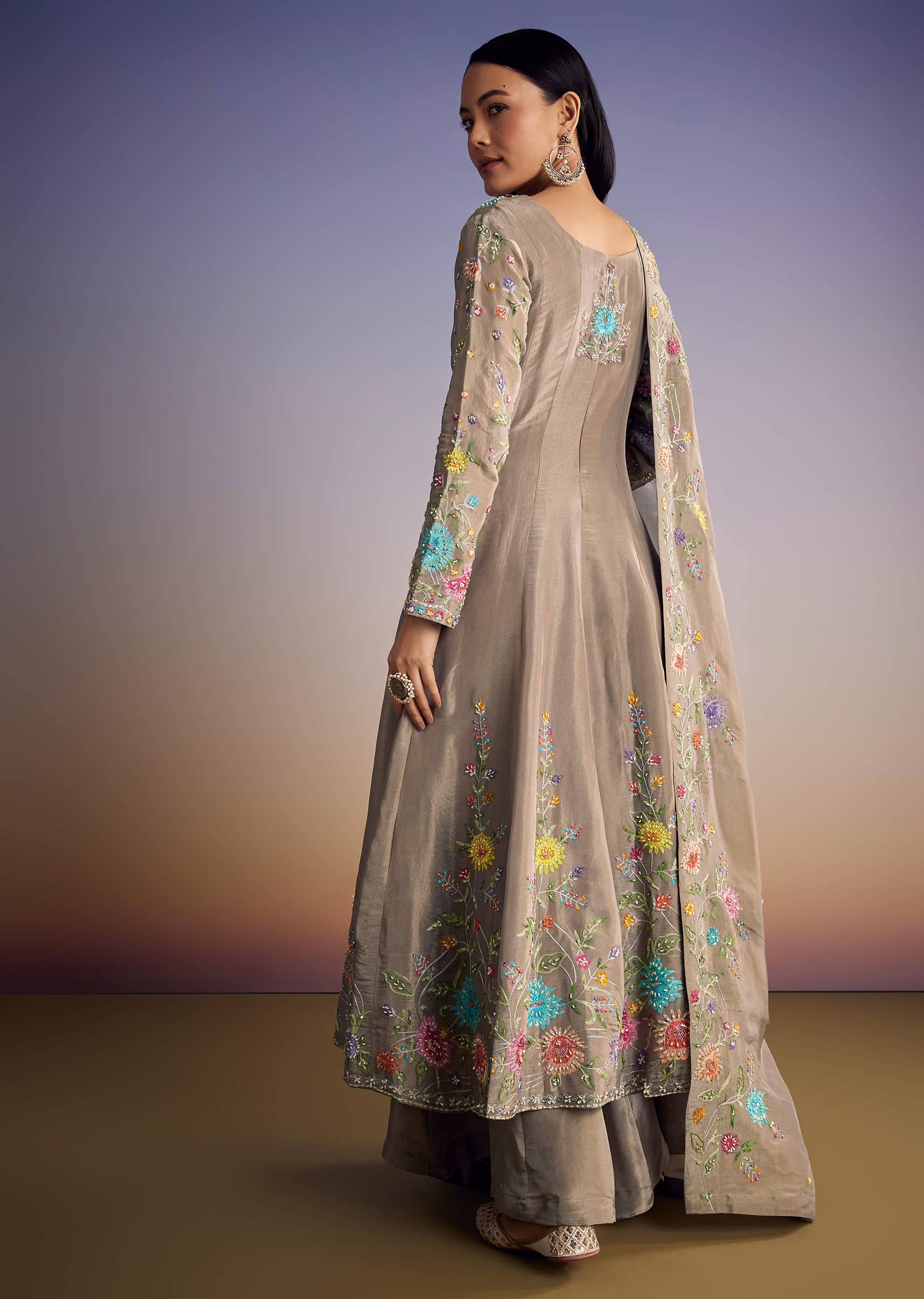 Grey Tissue Anarkali Set With Resham And Moti Work - Image 5