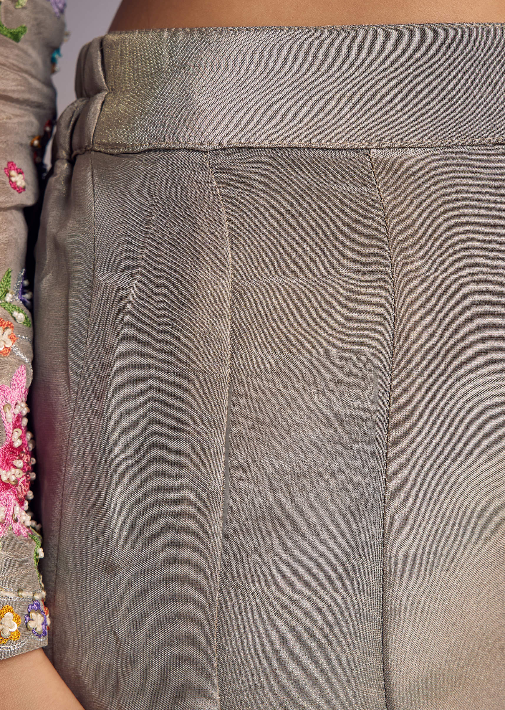 Grey Tissue Anarkali Set With Resham And Moti Work - Image 6