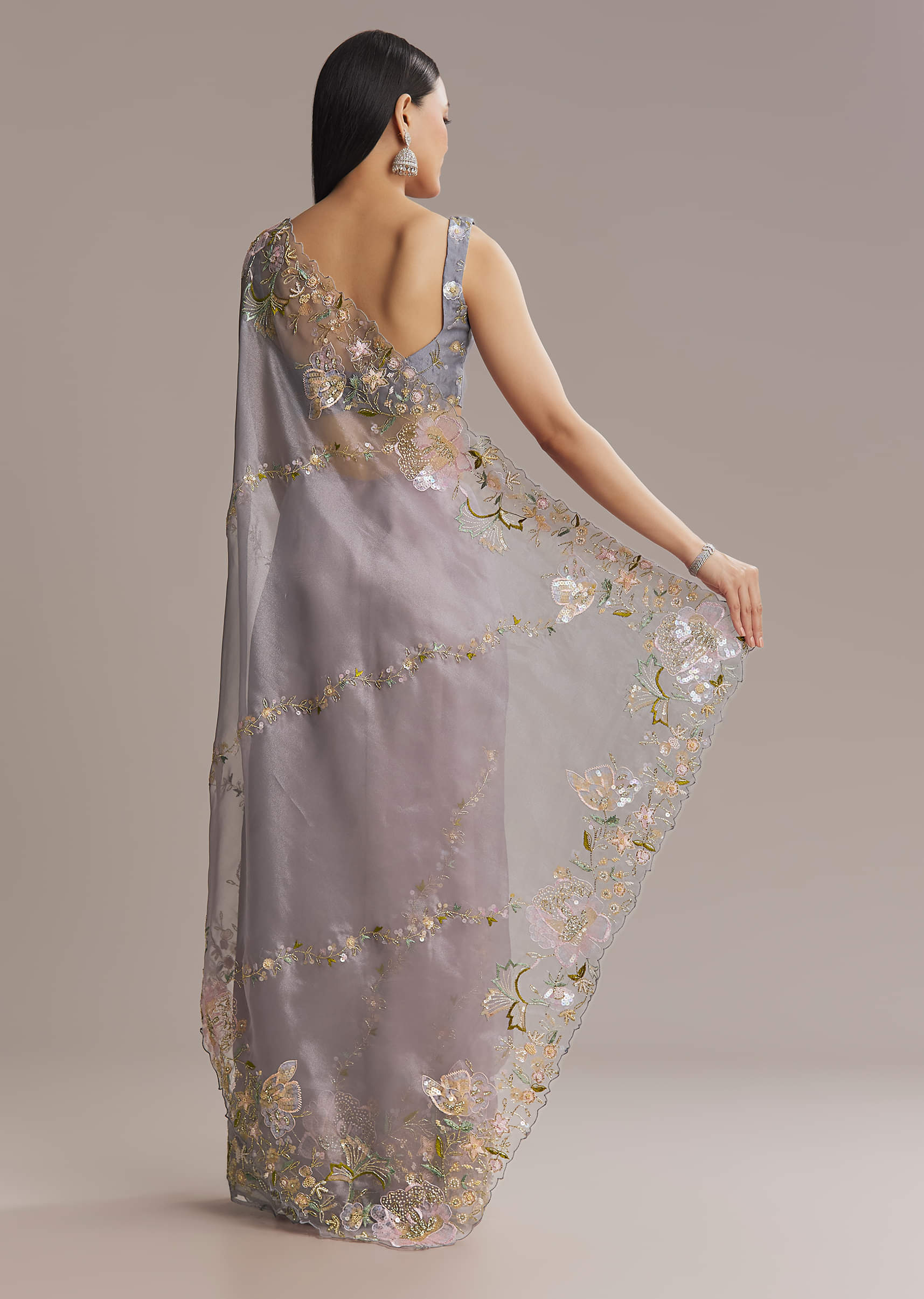 Grey Tissue Saree With Resham And Moti Embroidery - Image 3