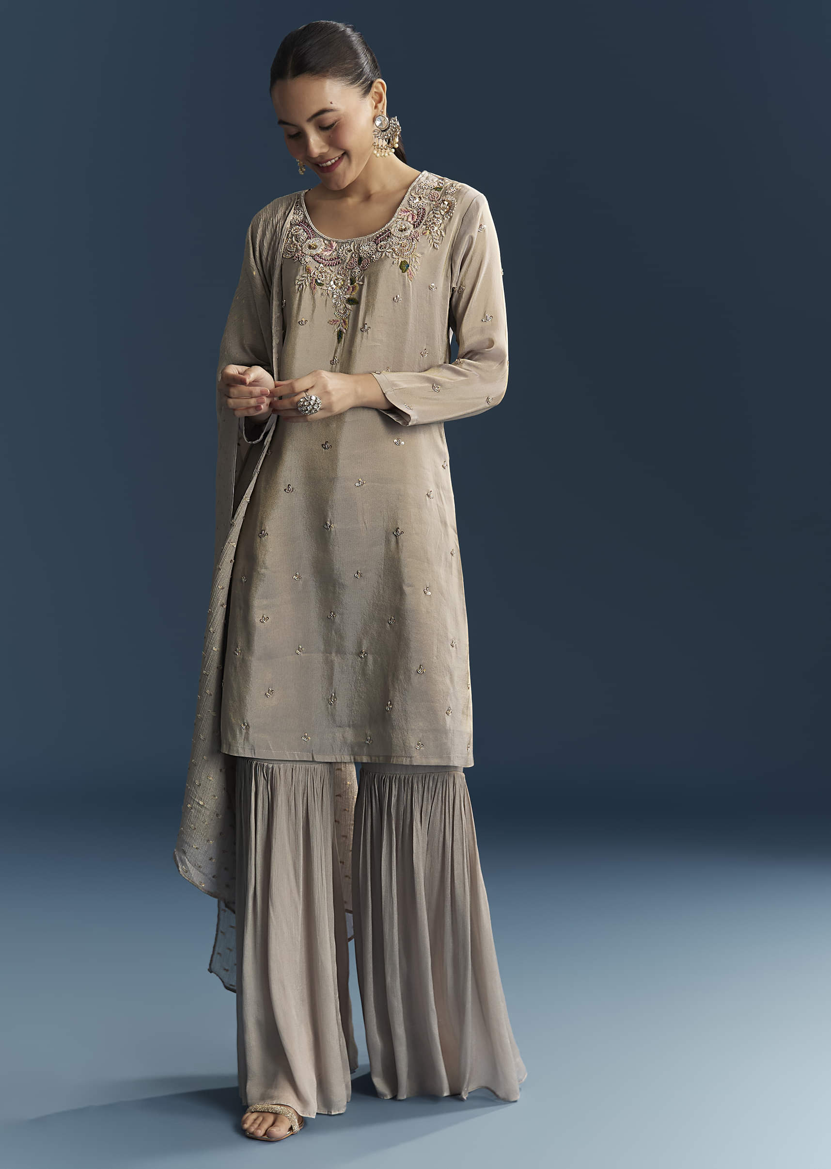 Grey Tissue Sharara Suit With Zardosi And Resham Embroidery