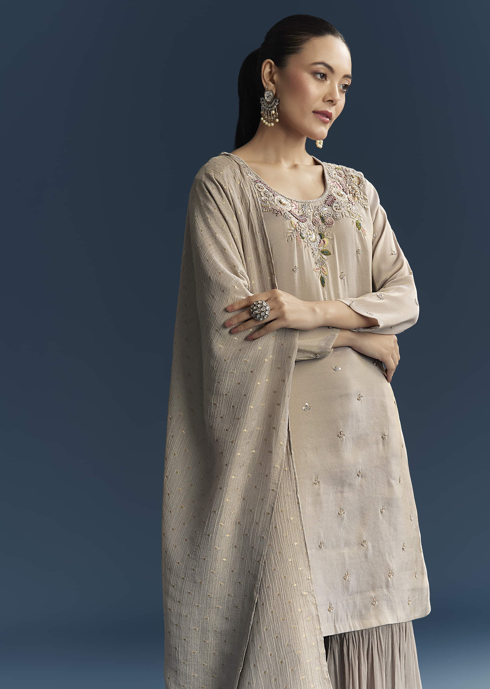 Grey Tissue Sharara Suit With Zardosi And Resham Embroidery - Image 4
