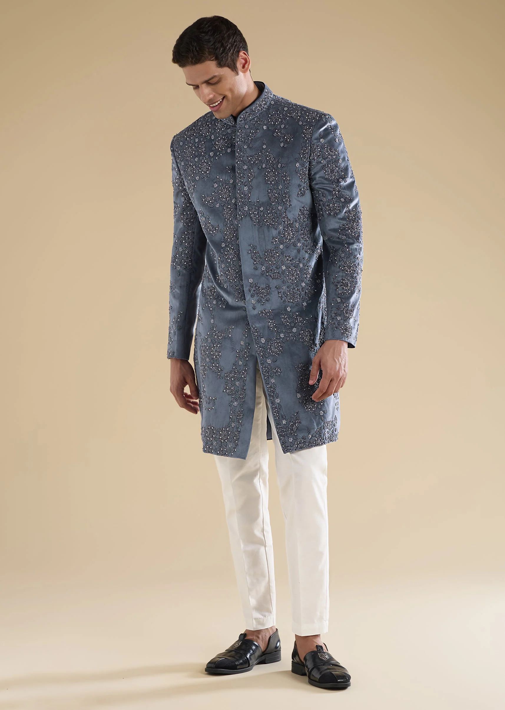 Grey Velvet Embellished Indo Western Set - Image 4