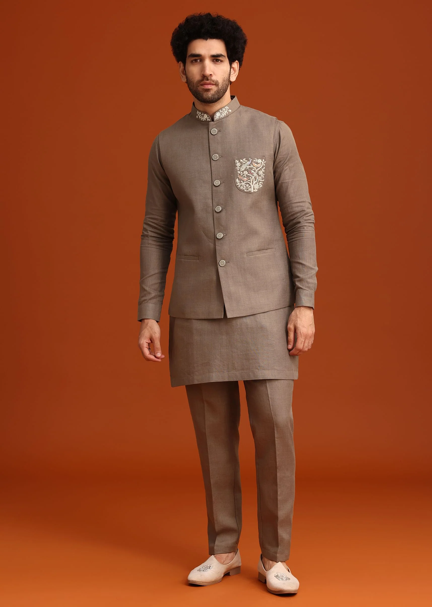 Grey Zardozi Work Linen Jacket Kurta Set - Image 2