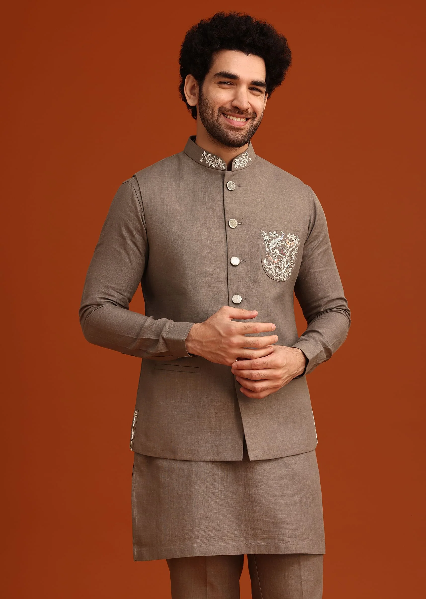 Grey Zardozi Work Linen Jacket Kurta Set - Image 3