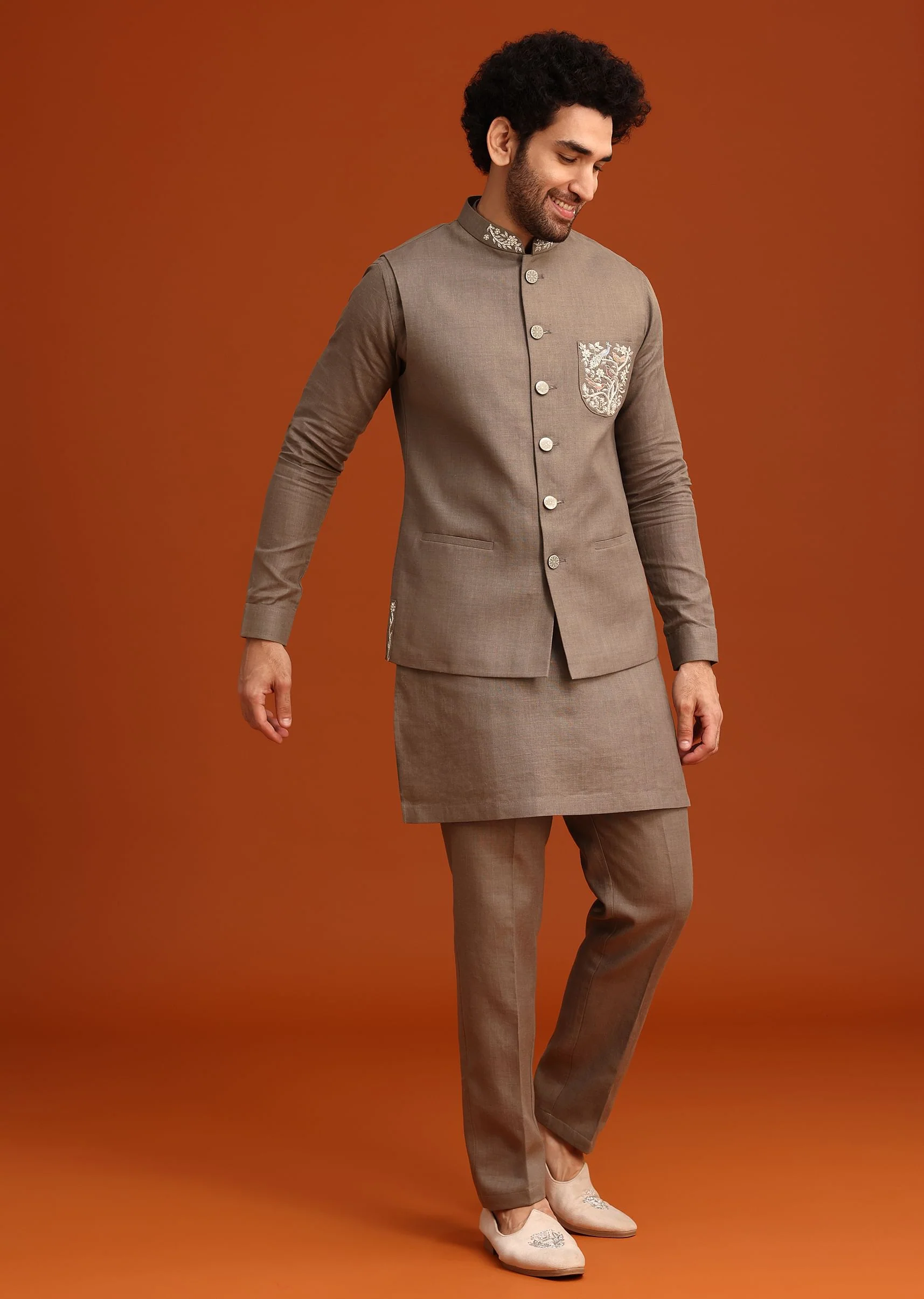 Grey Zardozi Work Linen Jacket Kurta Set - Image 4