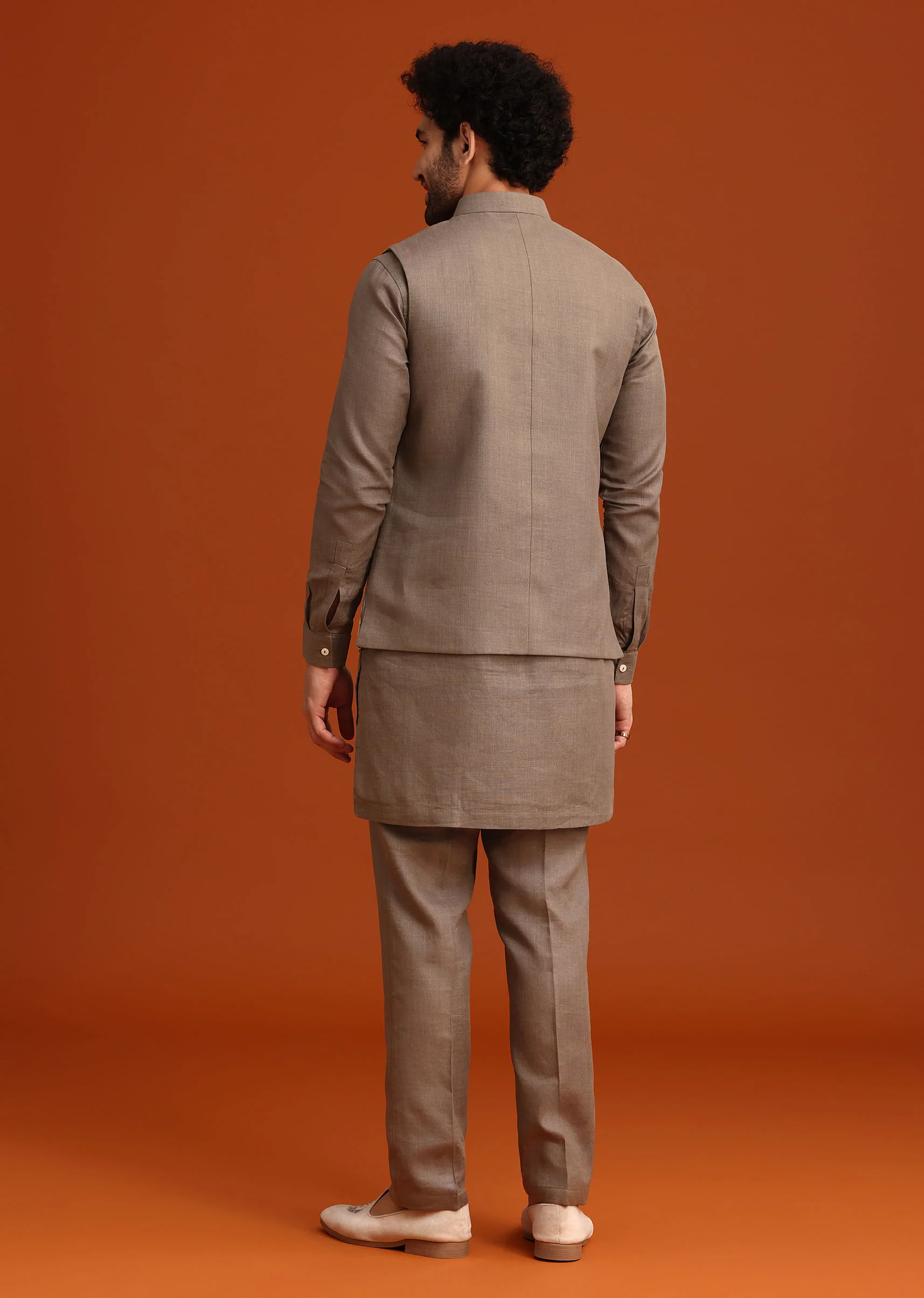 Grey Zardozi Work Linen Jacket Kurta Set - Image 5