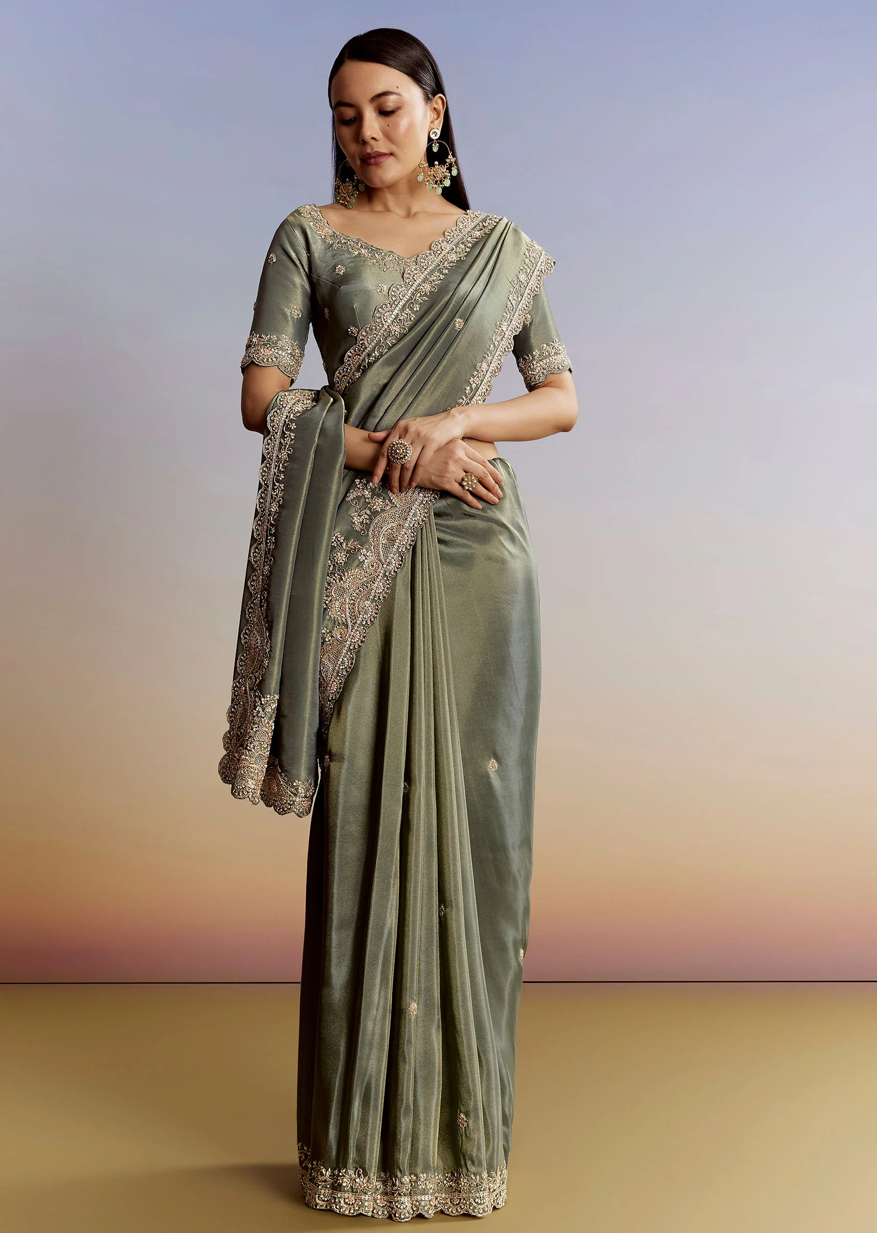 Greyish Blue Tissue Saree With French Knot Resham Embroidery - Image 3