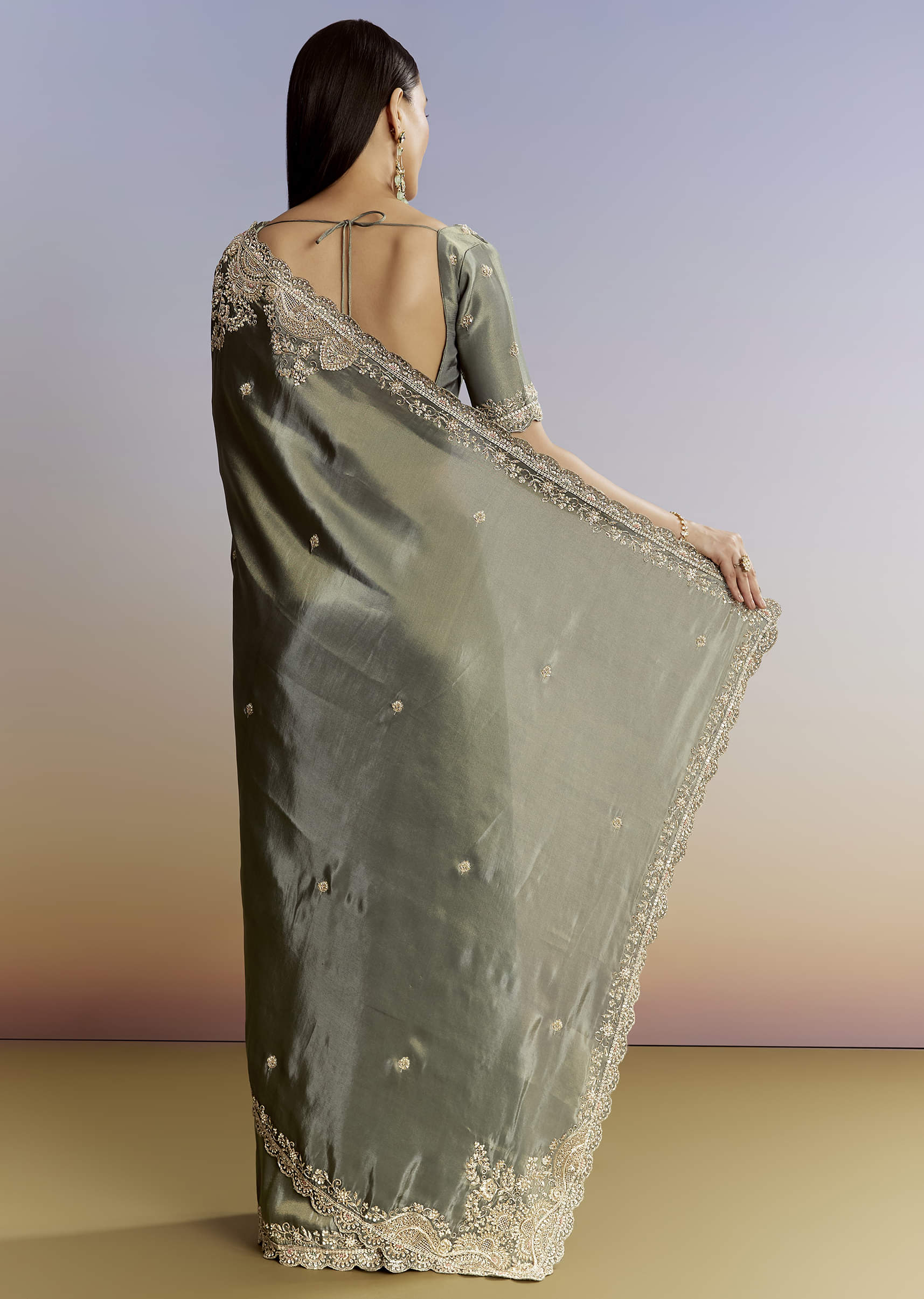 Greyish Blue Tissue Saree With French Knot Resham Embroidery - Image 4