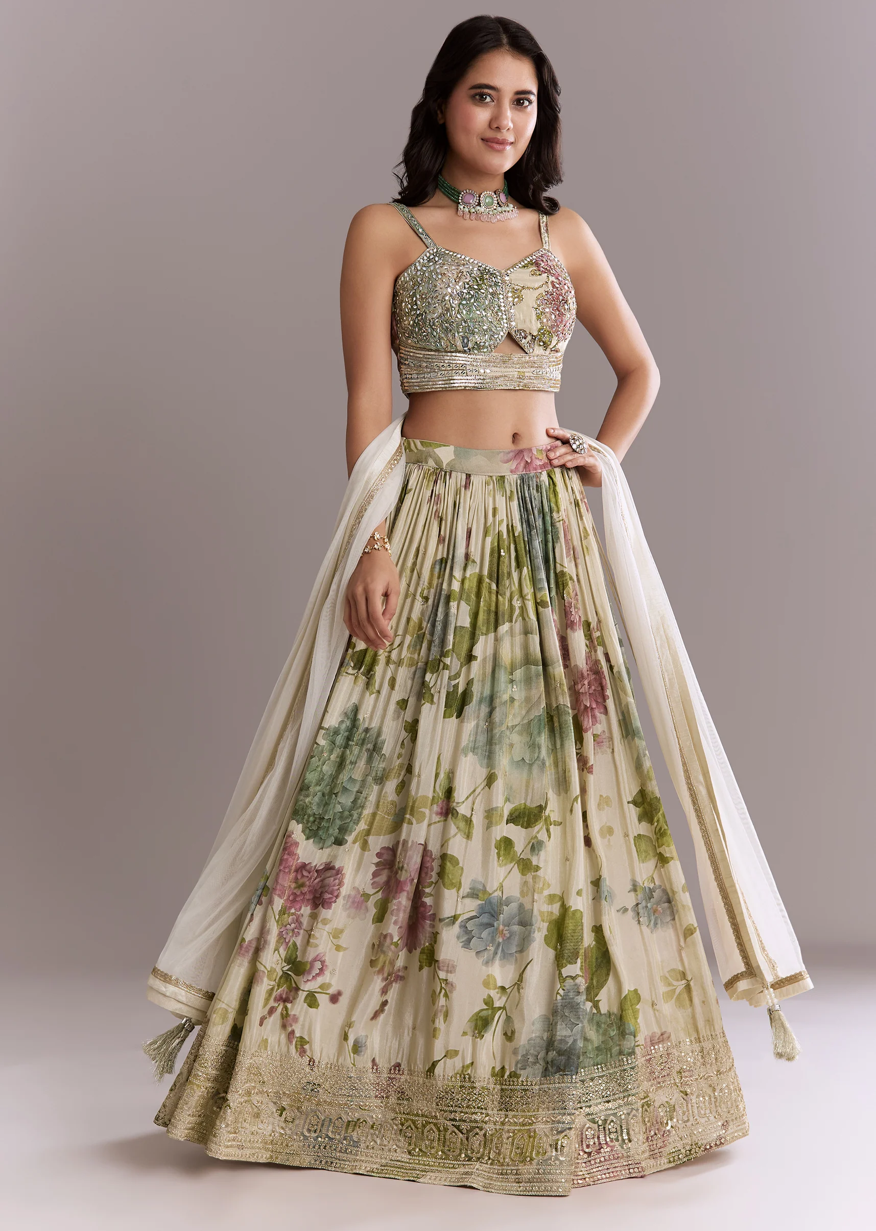 Groomsmen & Bridesmaid Set – Ivory Tissue Bridesmaid Lehenga For Her And Off-White Scenic Print Silk Kurta Set For Him - Image 2