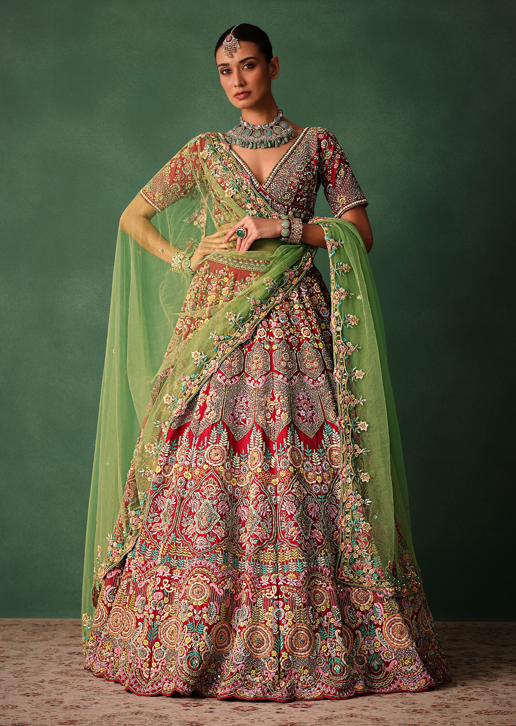 Hand Embroidered Multicolour Thread Work Red Bridal Lehenga Set With Dupatta - Image 3