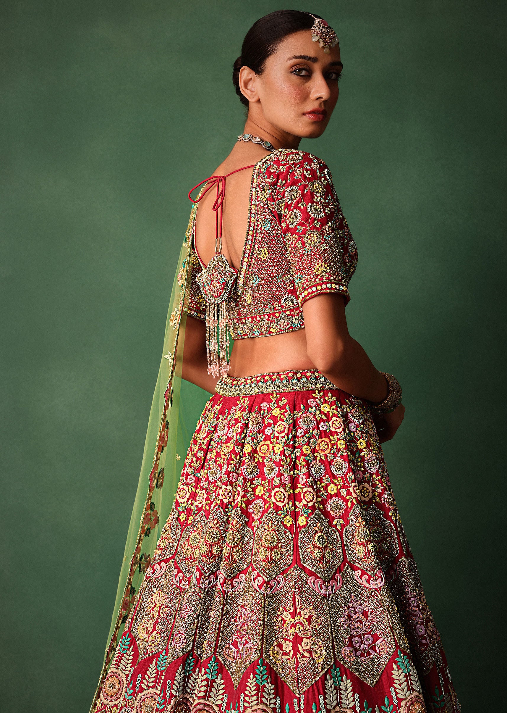 Hand Embroidered Multicolour Thread Work Red Bridal Lehenga Set With Dupatta - Image 4