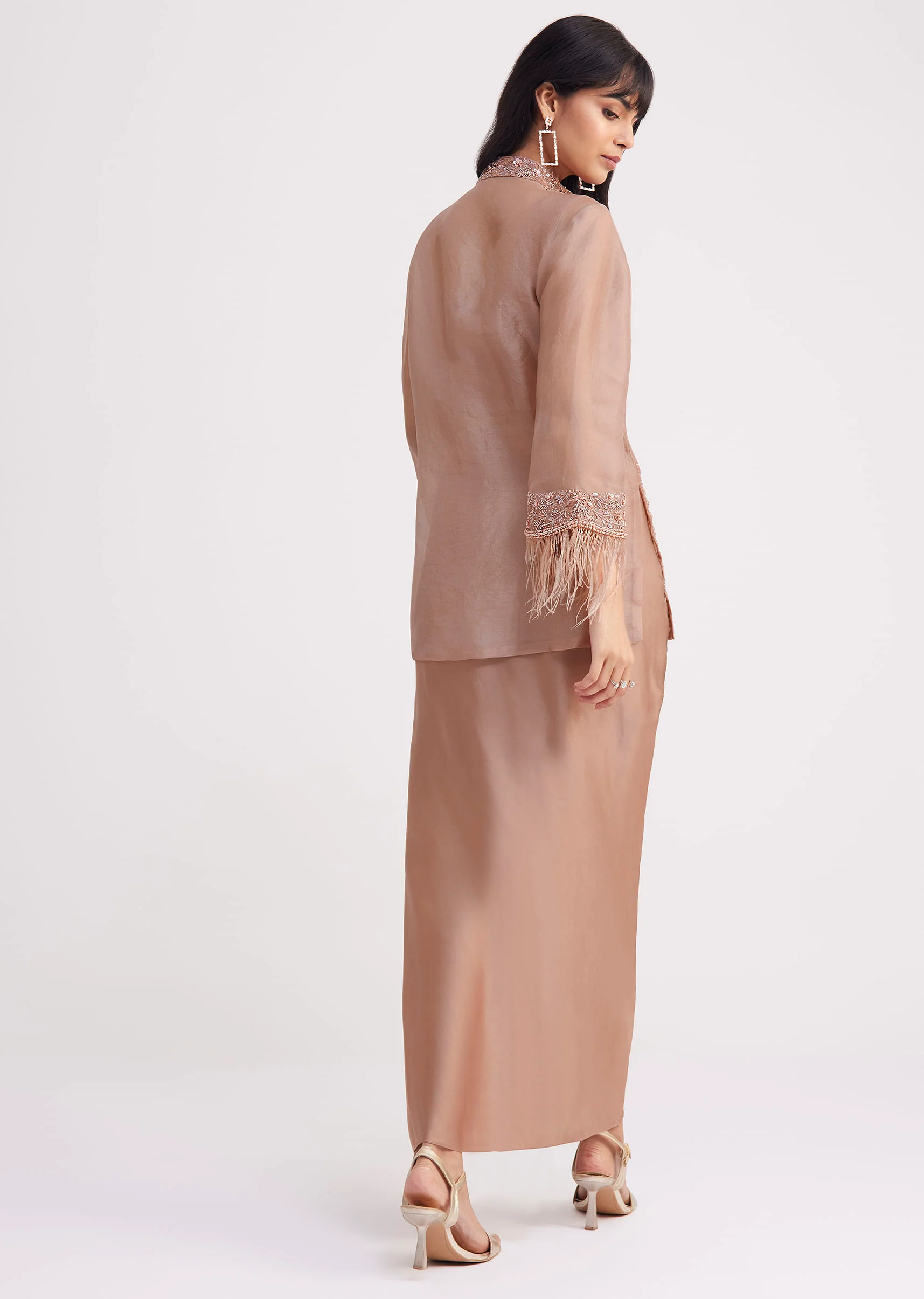 Hazelnut Beige Crop Top And Skirt With Embroidered Jacket - Image 5