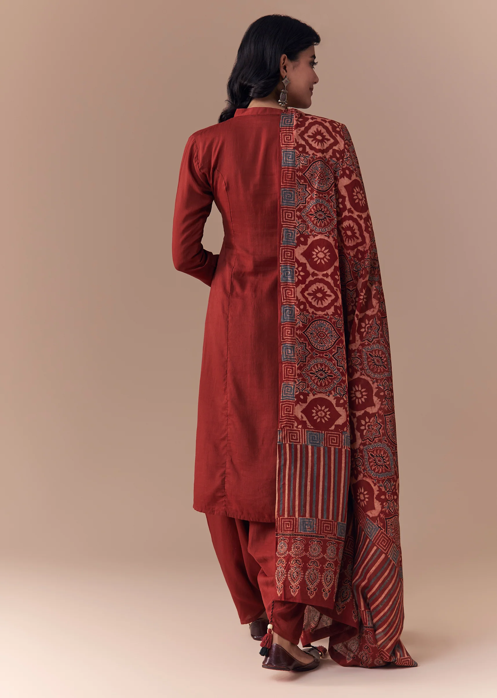 Heritage Ajrakh Couple Set – Maroon Linen Kurta Set With Ajrakh Dupatta For Her And Red Ajrakh Kurta Jacket Set For Him - Image 6