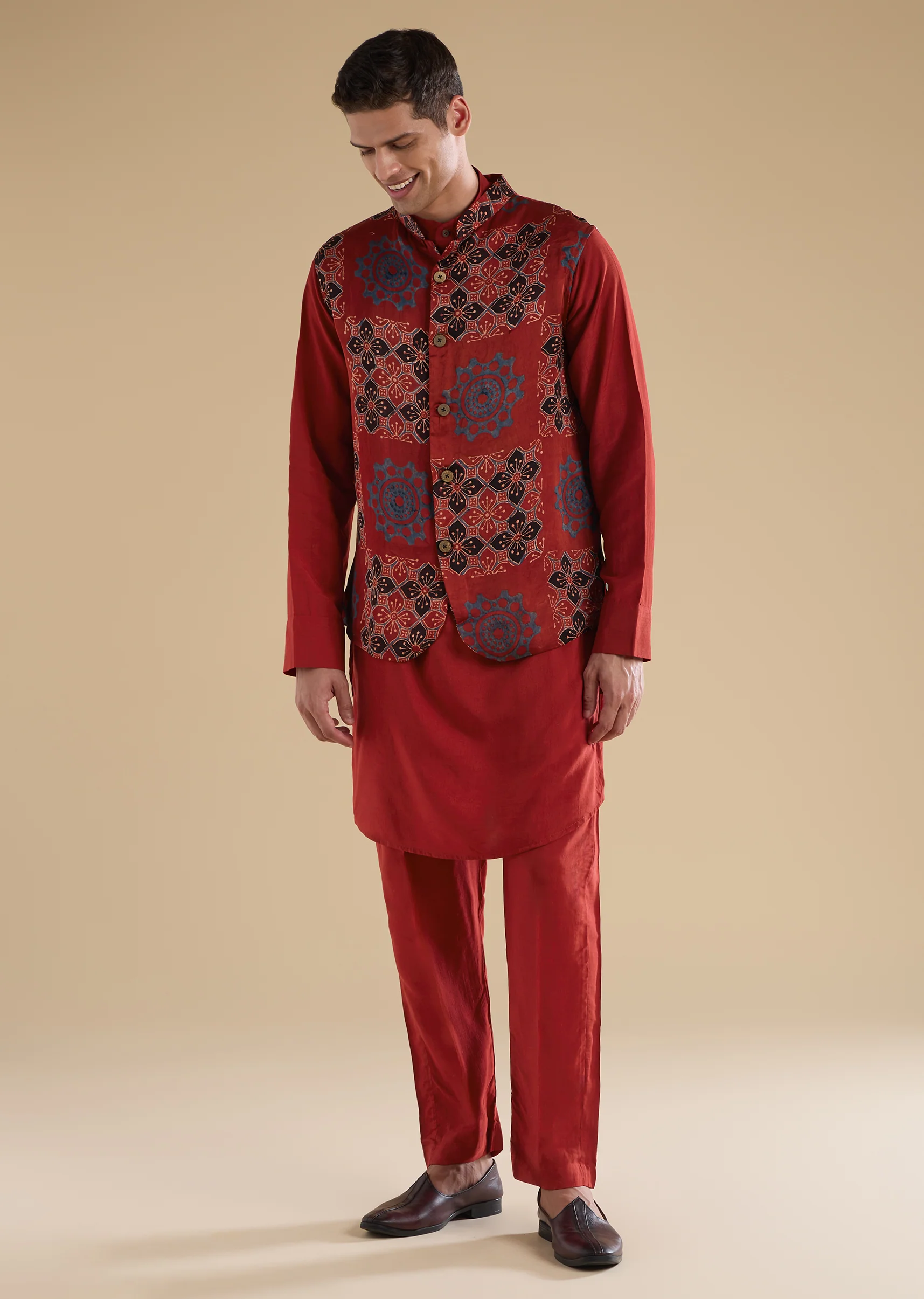 Heritage Ajrakh Couple Set – Maroon Linen Kurta Set With Ajrakh Dupatta For Her And Red Ajrakh Kurta Jacket Set For Him - Image 8