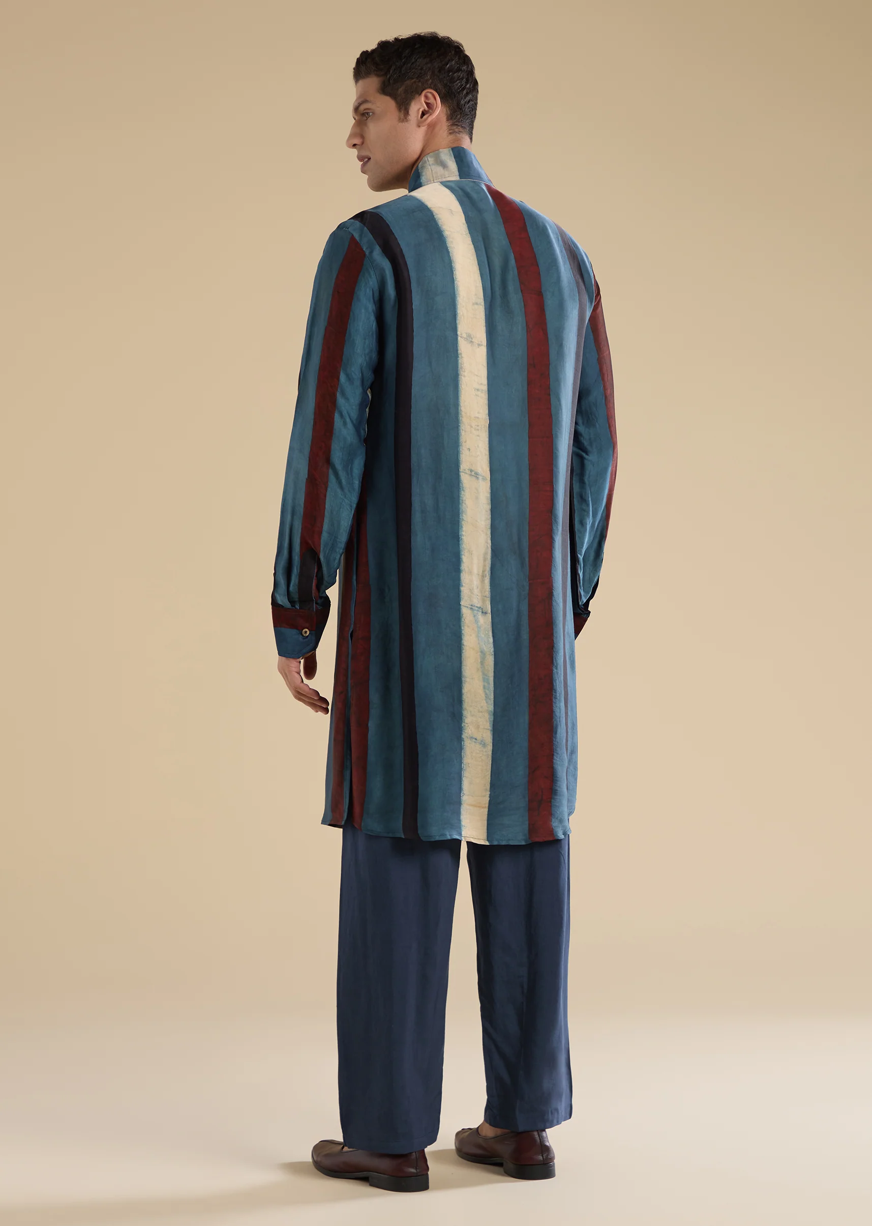 Heritage Couple Set – Indigo Kurta Set With Ajrakh Dupatta For Her And Stripe Indigo Kurta Set For Him - Image 11