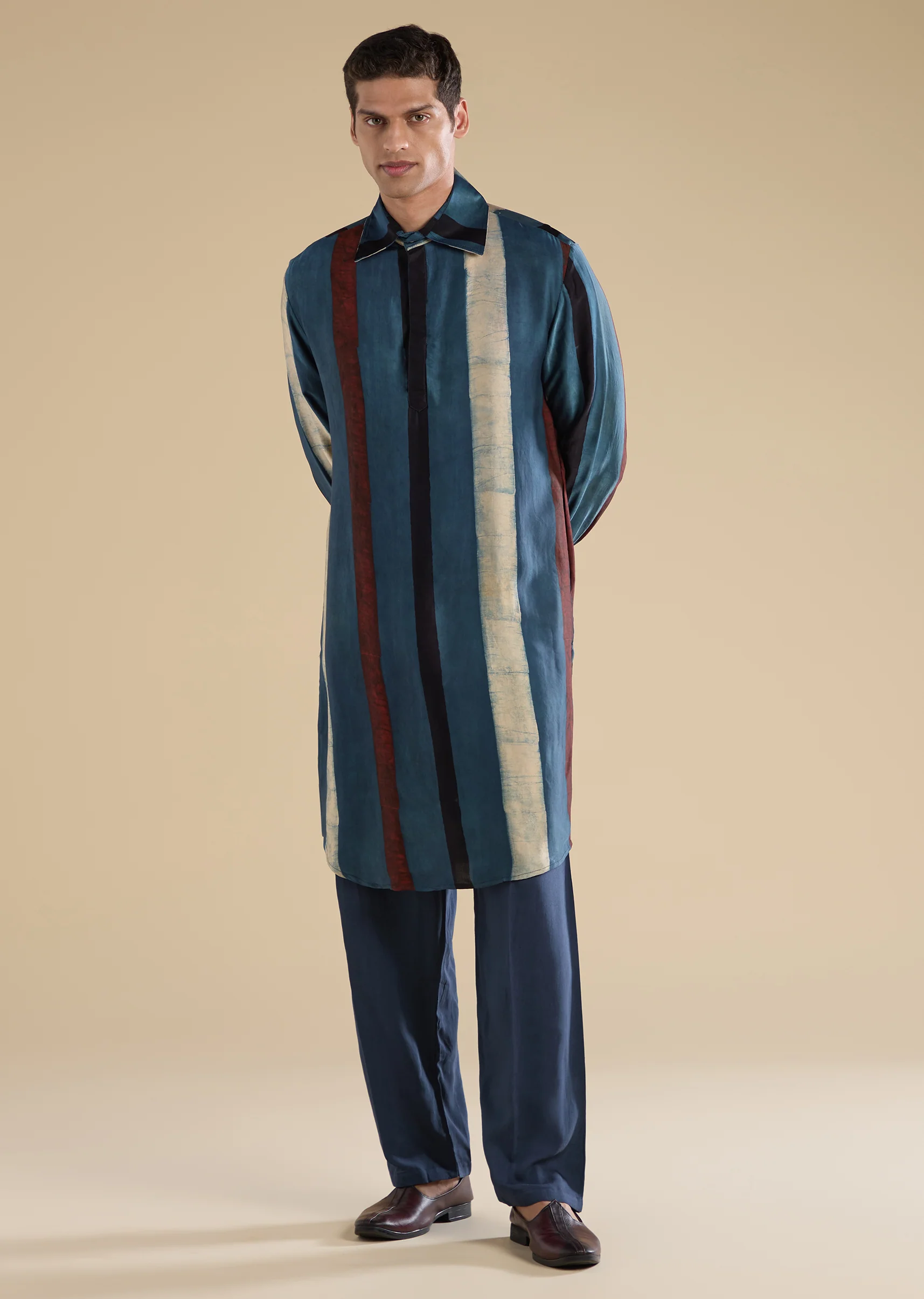 Heritage Couple Set – Indigo Kurta Set With Ajrakh Dupatta For Her And Stripe Indigo Kurta Set For Him - Image 12