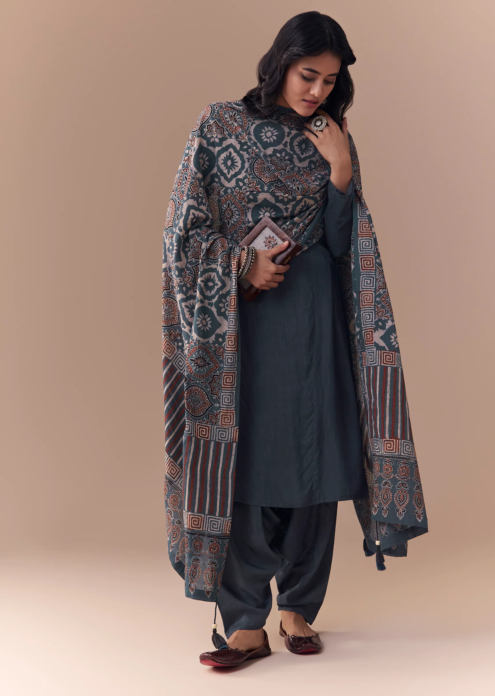 Heritage Couple Set – Indigo Kurta Set With Ajrakh Dupatta For Her And Stripe Indigo Kurta Set For Him - Image 6