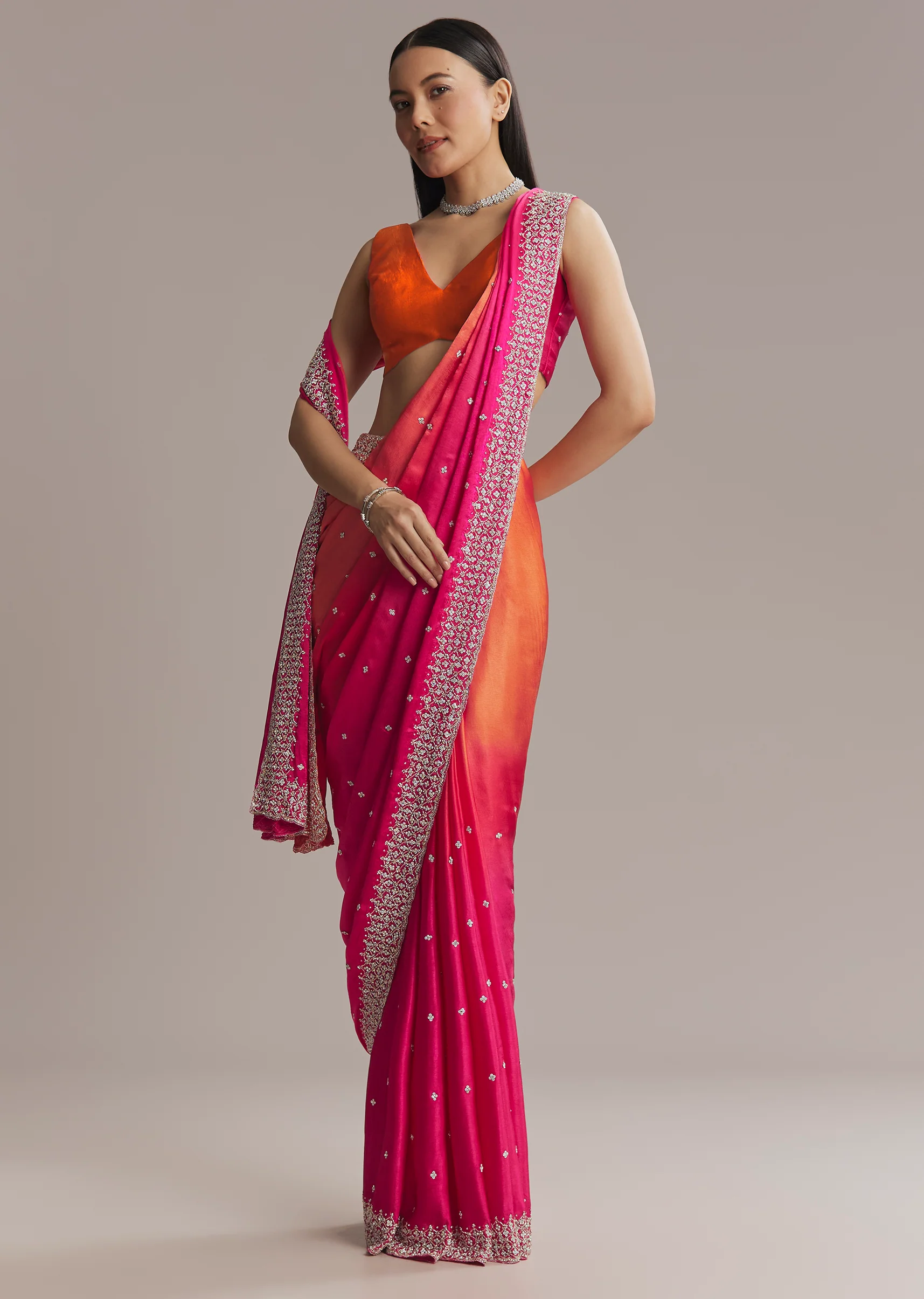 Hot Pink And Orange Chinon Saree With Heavy Embroidery - Image 3