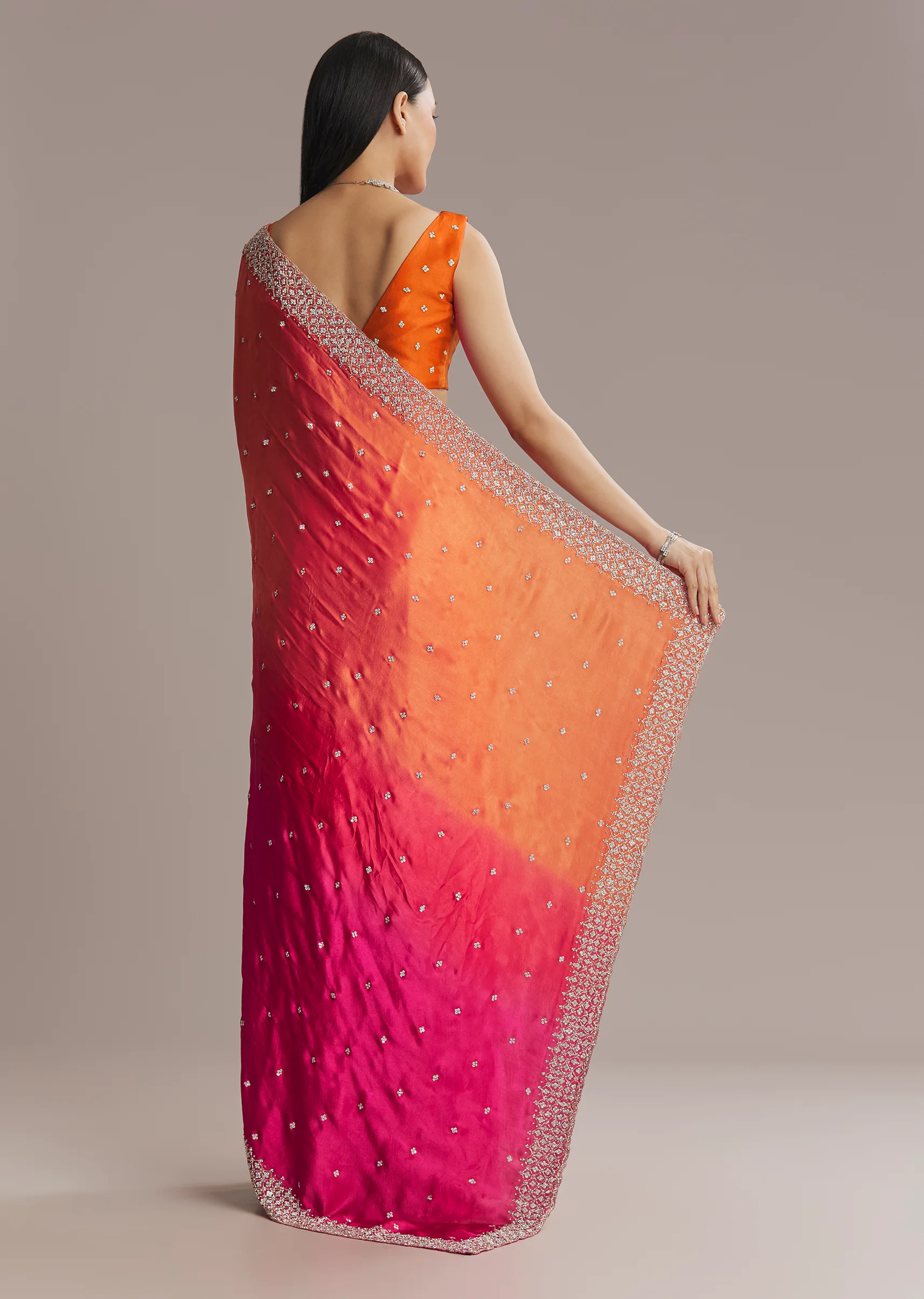 Hot Pink And Orange Chinon Saree With Heavy Embroidery - Image 4