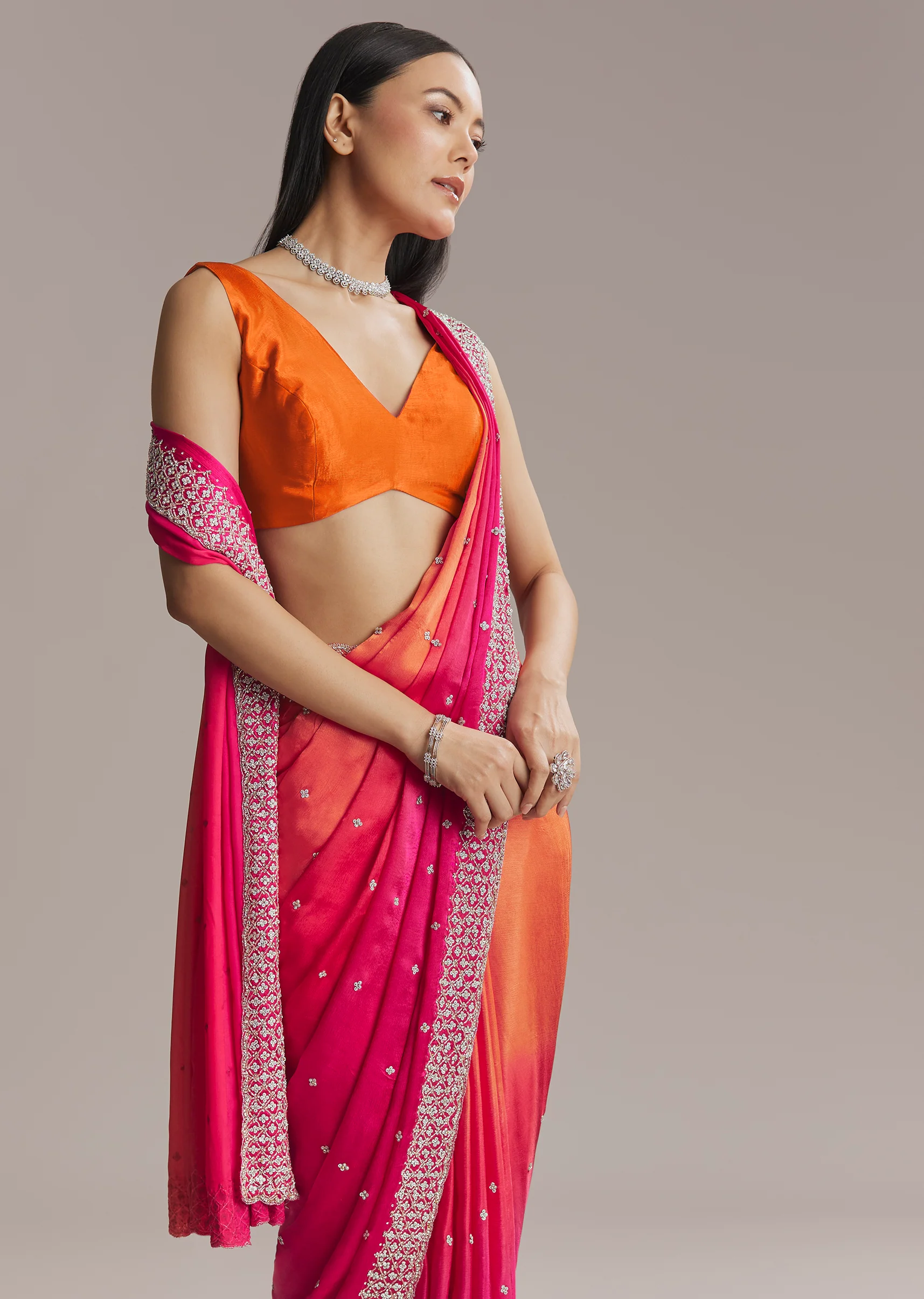 Hot Pink And Orange Chinon Saree With Heavy Embroidery - Image 5