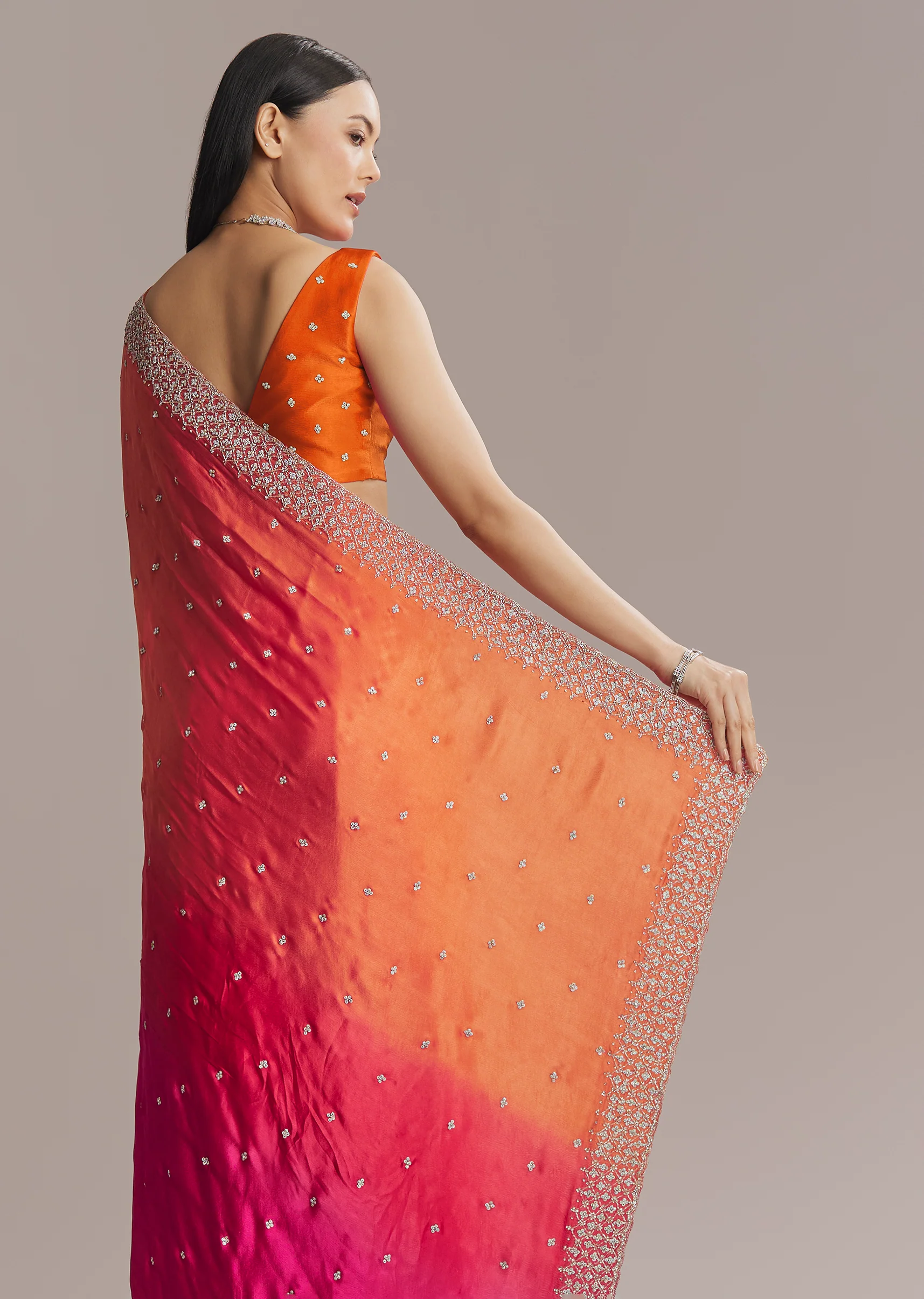 Hot Pink And Orange Chinon Saree With Heavy Embroidery - Image 6